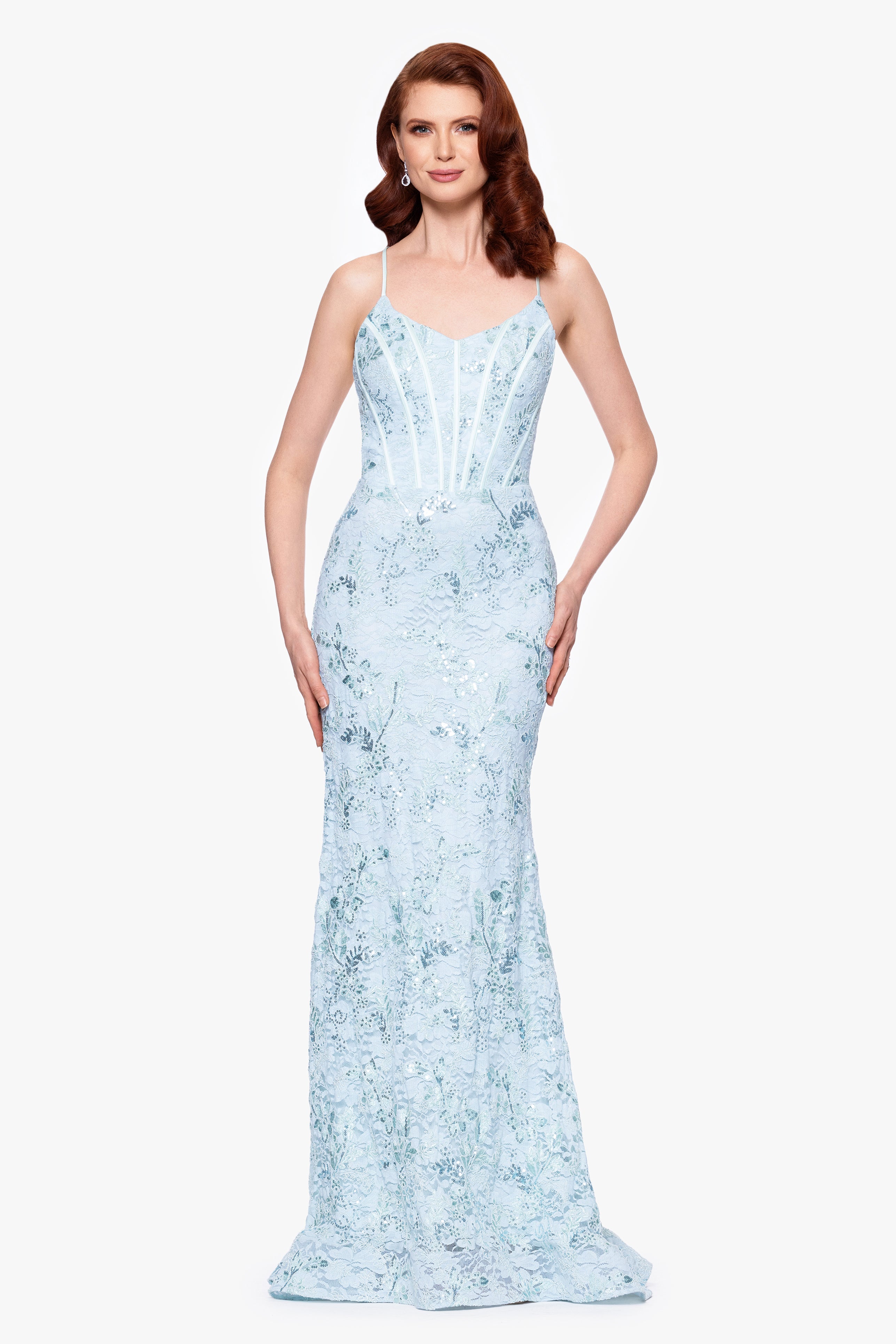 "Aveline" Sequin Lace Embellished Tieback Floor Length Gown