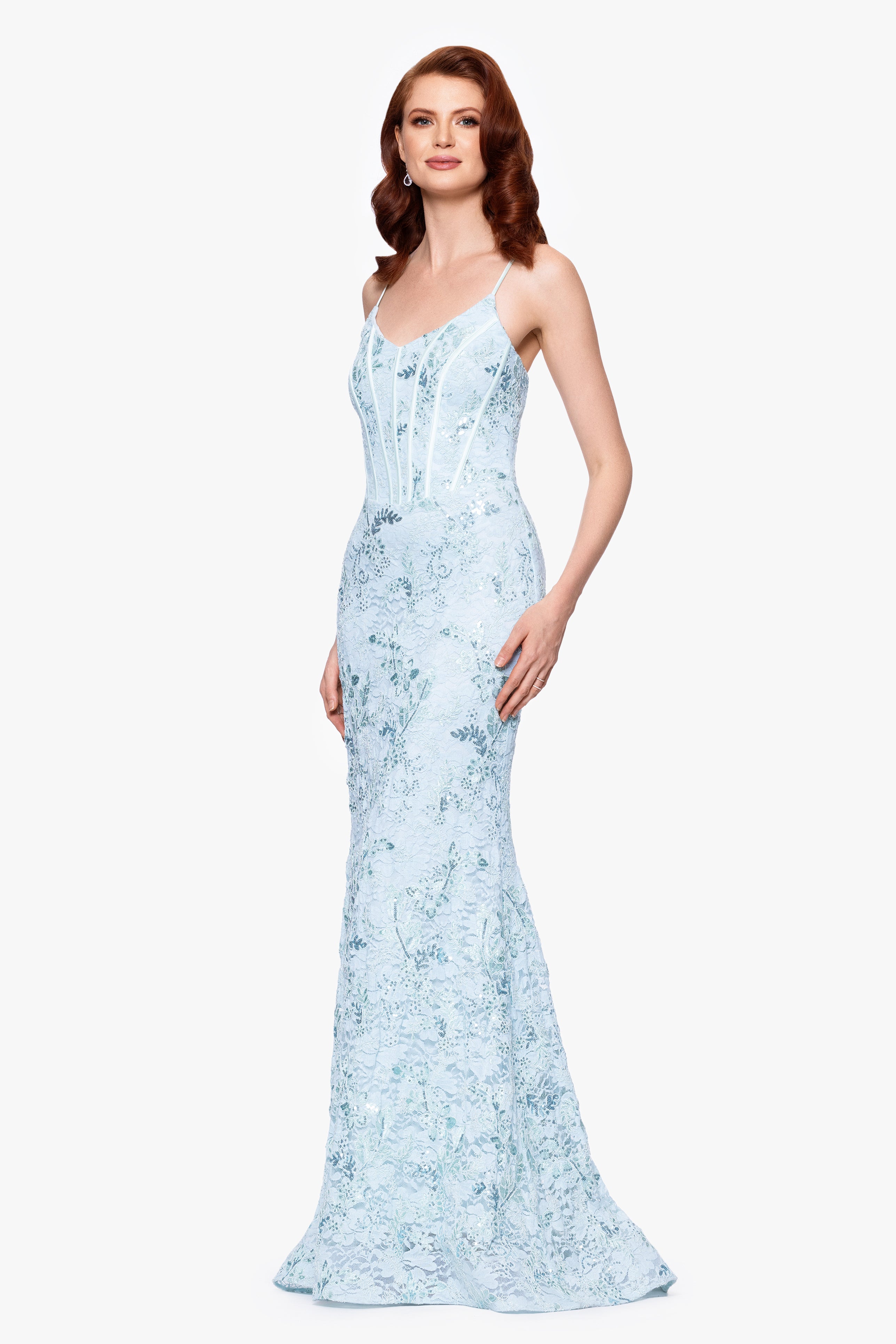 "Aveline" Sequin Lace Embellished Tieback Floor Length Gown