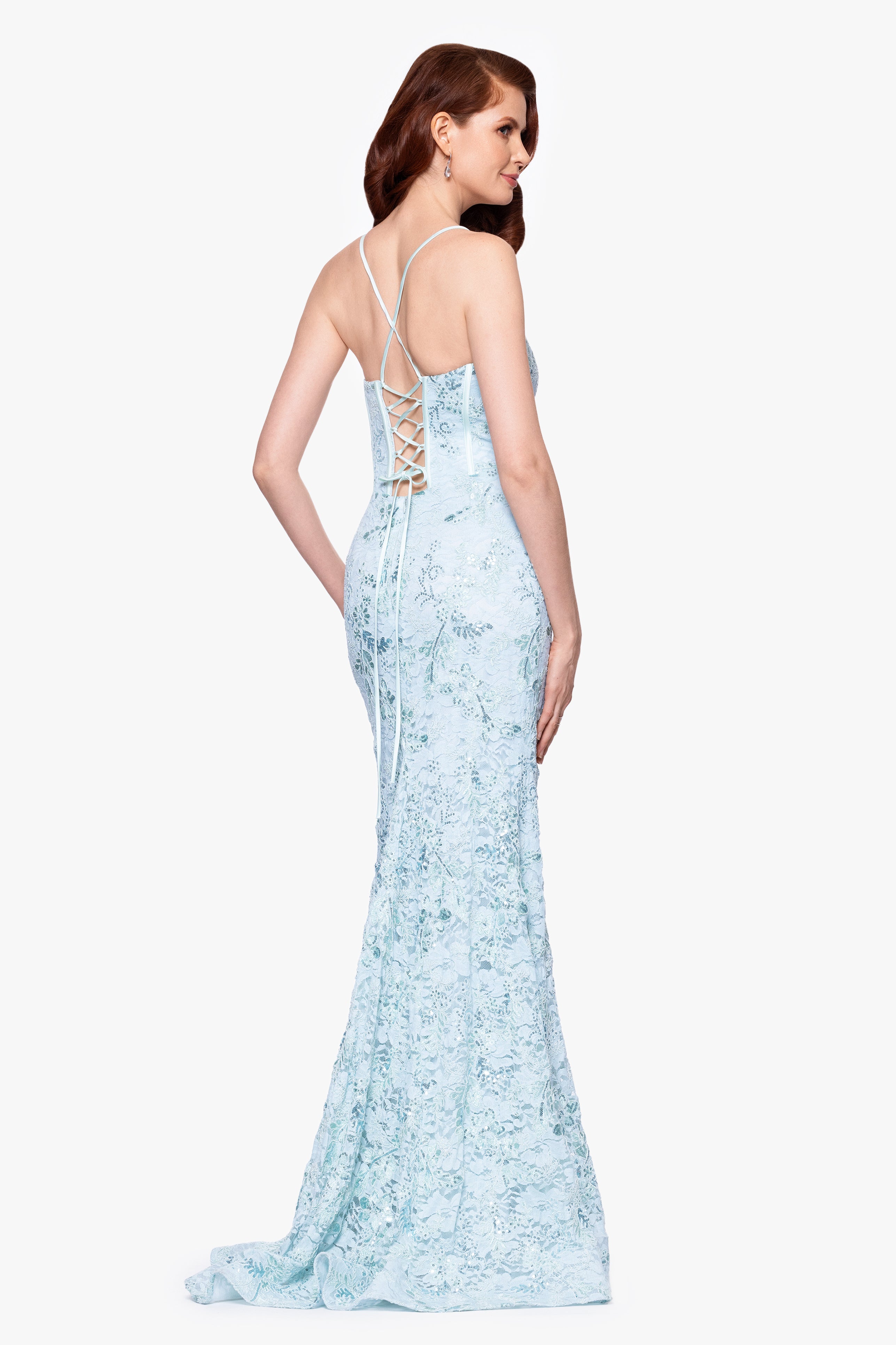 "Aveline" Sequin Lace Embellished Tieback Floor Length Gown