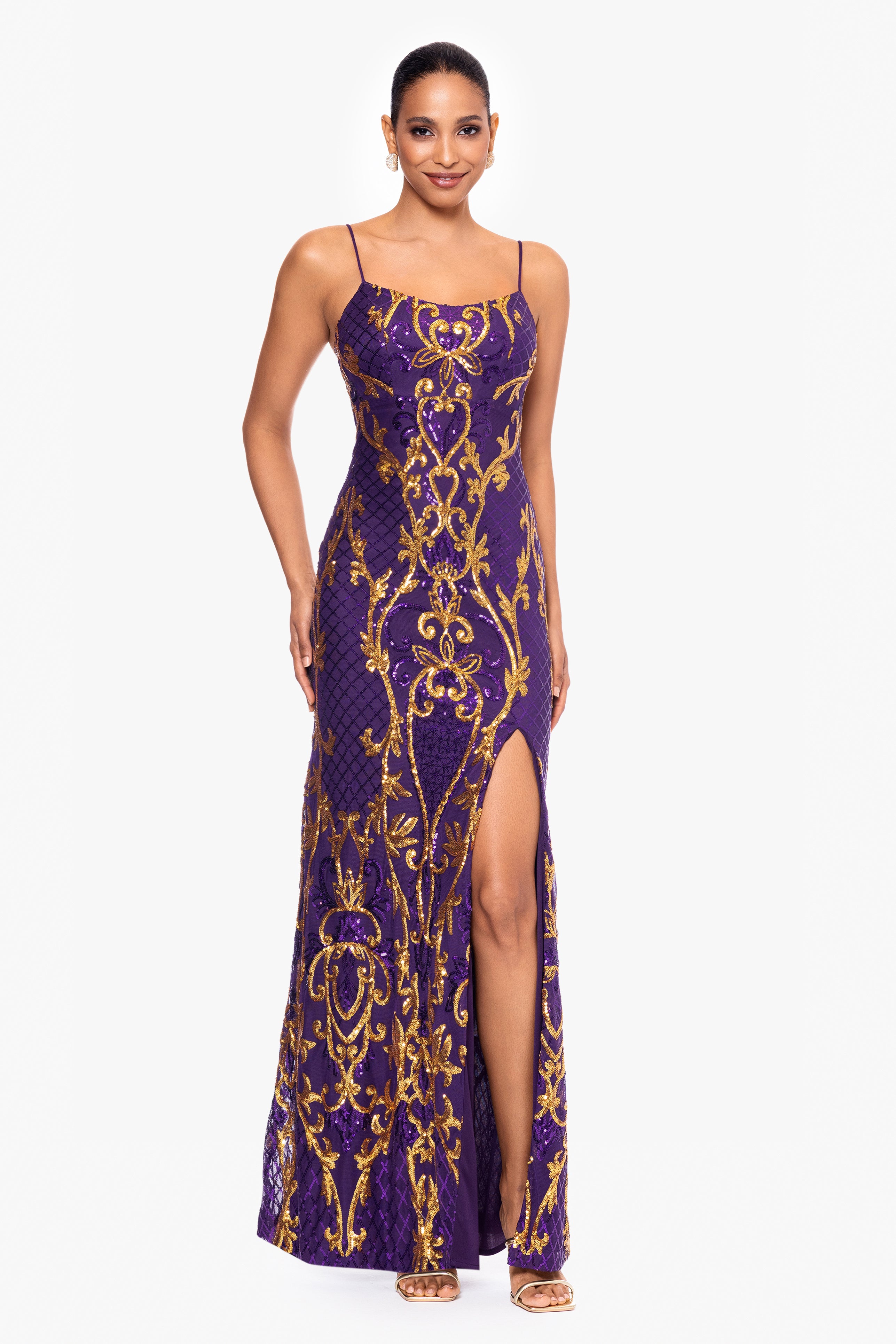 "Zari" Long Sequin Placement Spaghetti Strap Dress