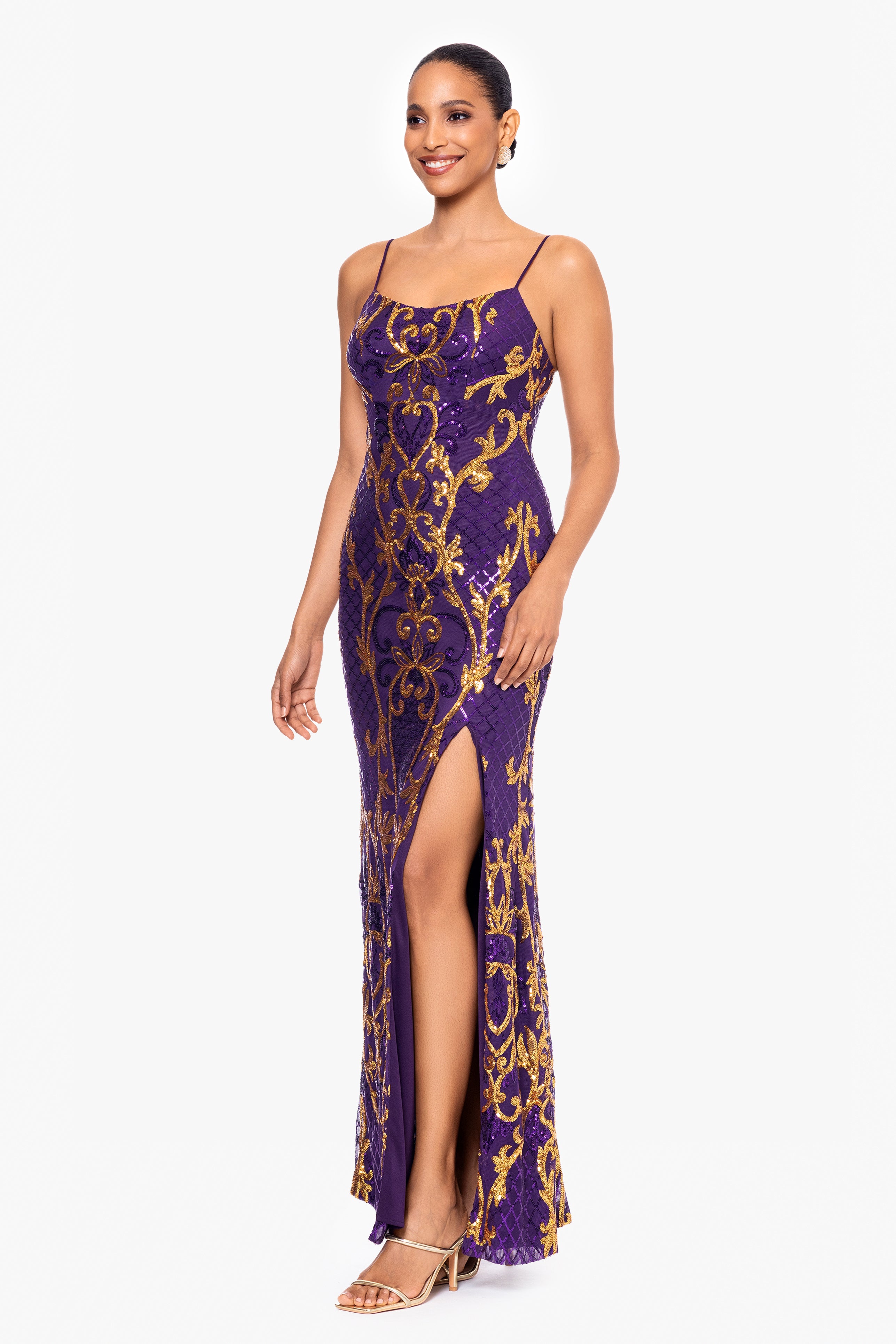 "Zari" Long Sequin Placement Spaghetti Strap Dress