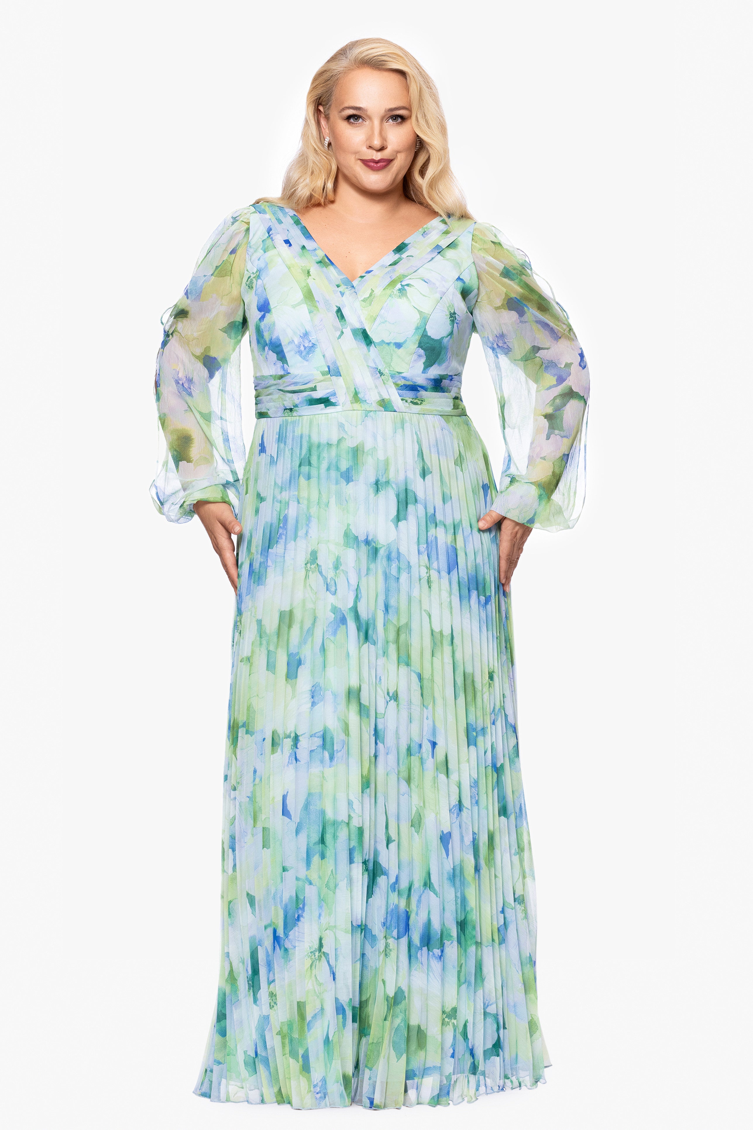 Plus "Dara" Long Sleeve Chiffon Print Floor Length Dress