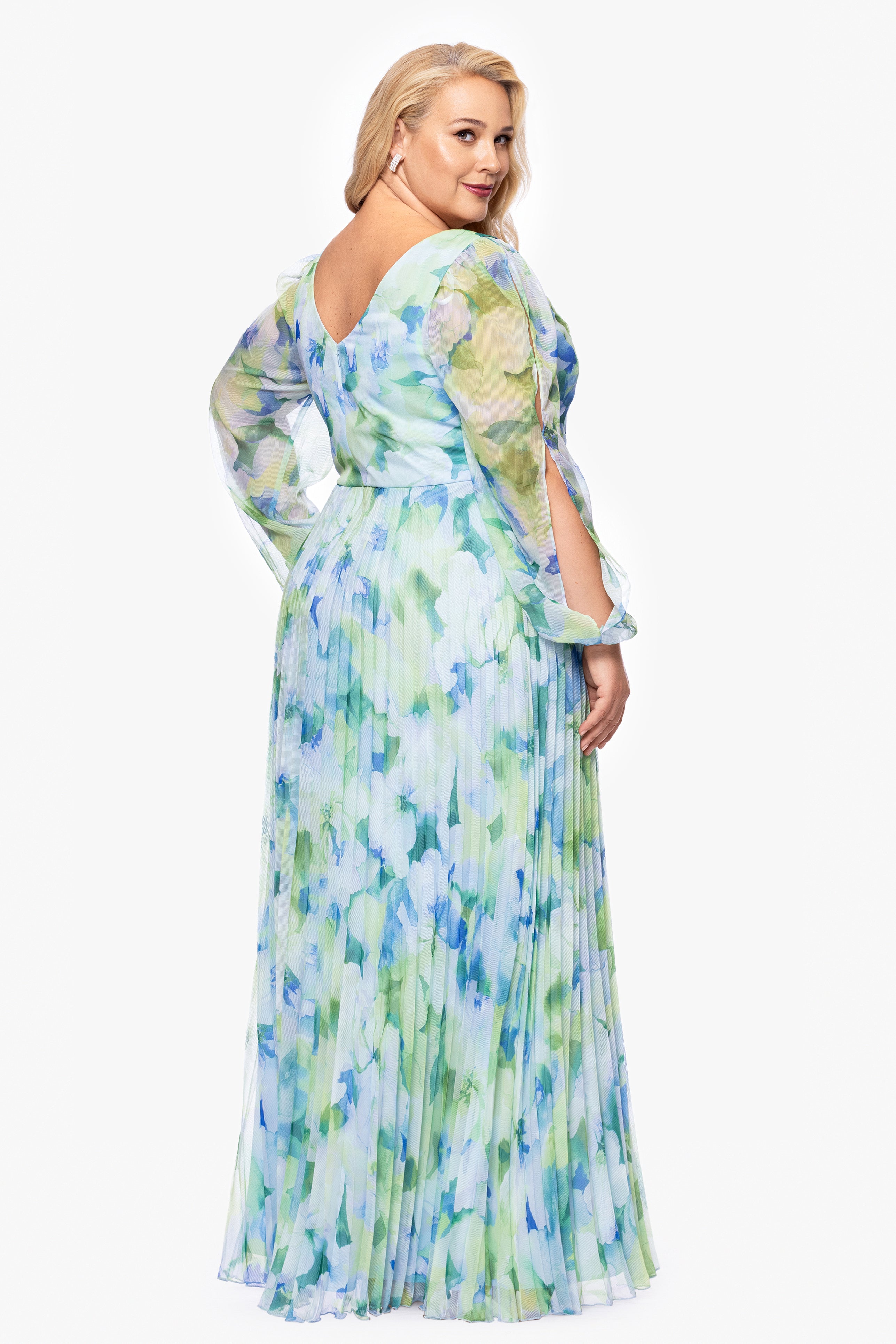 Plus "Dara" Long Sleeve Chiffon Print Floor Length Dress