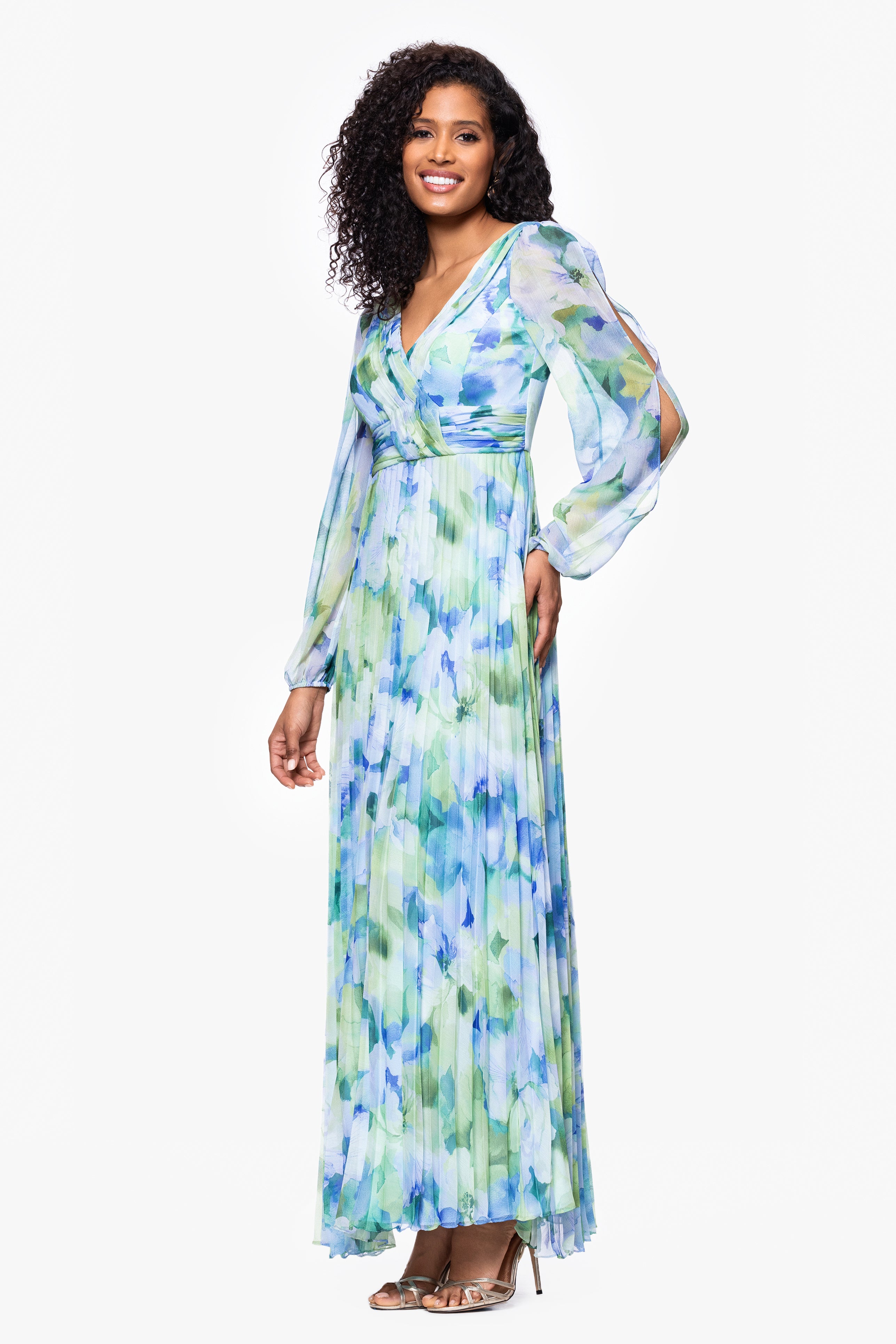 "Dara" Long Sleeve Chiffon Print Floor Length Dress