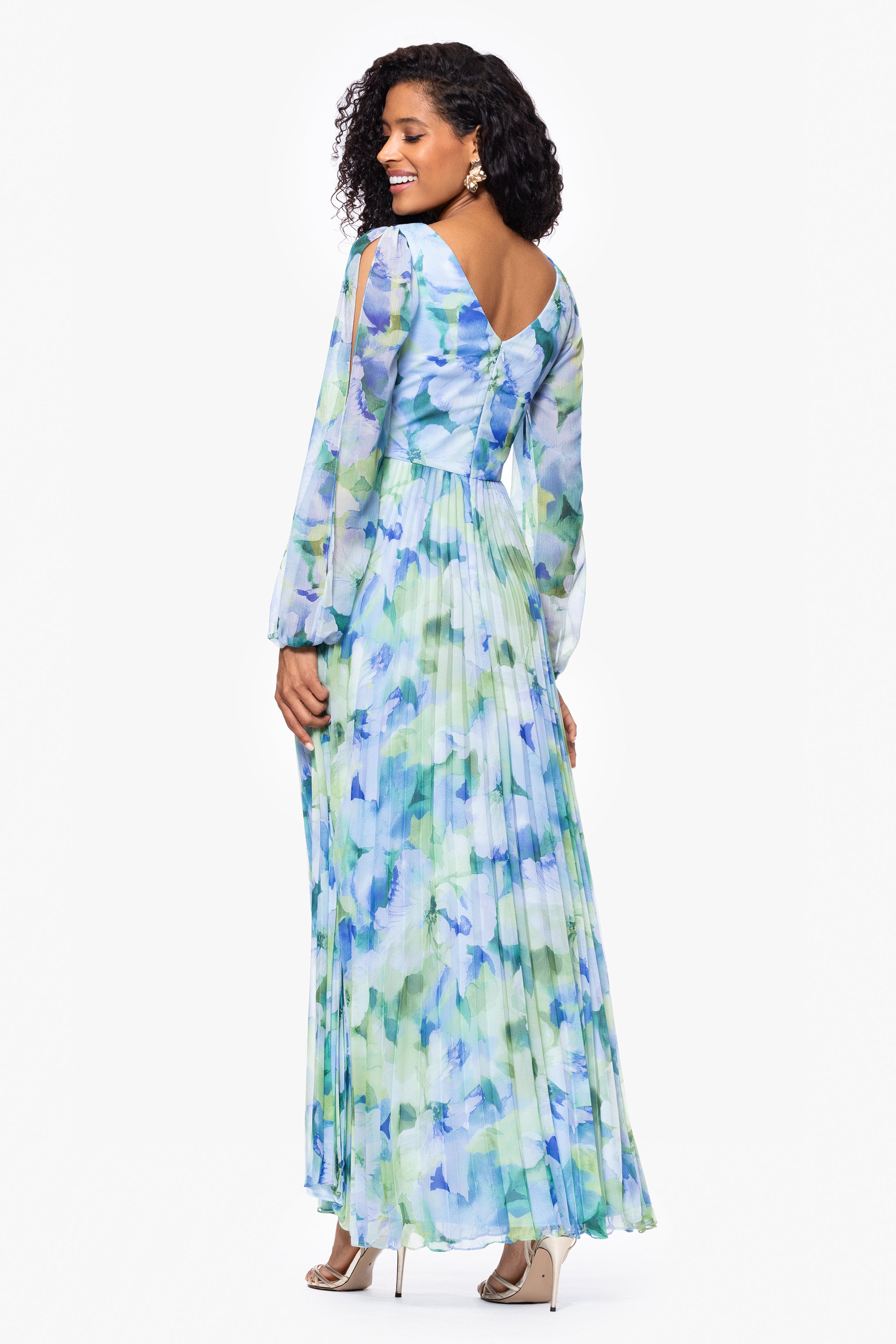 "Dara" Long Sleeve Chiffon Print Floor Length Dress