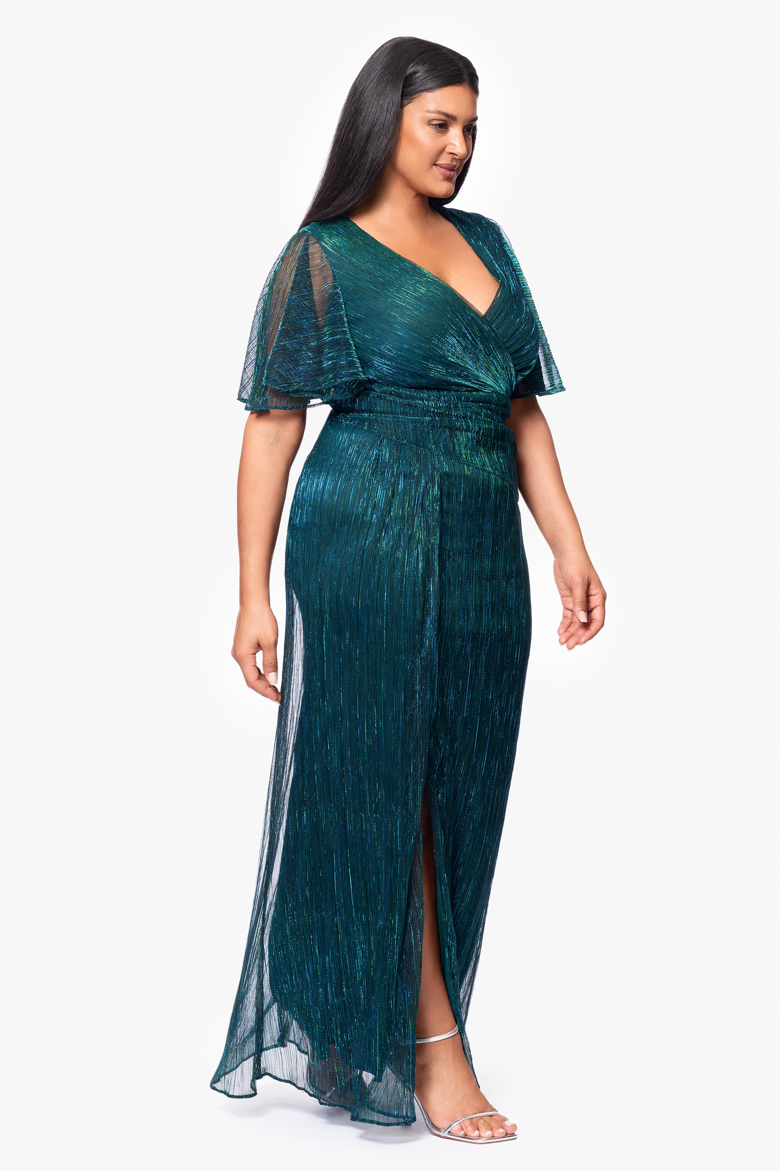 "Kelly" Flutter Sleeve Floor Length Crinkle Metallic Gown