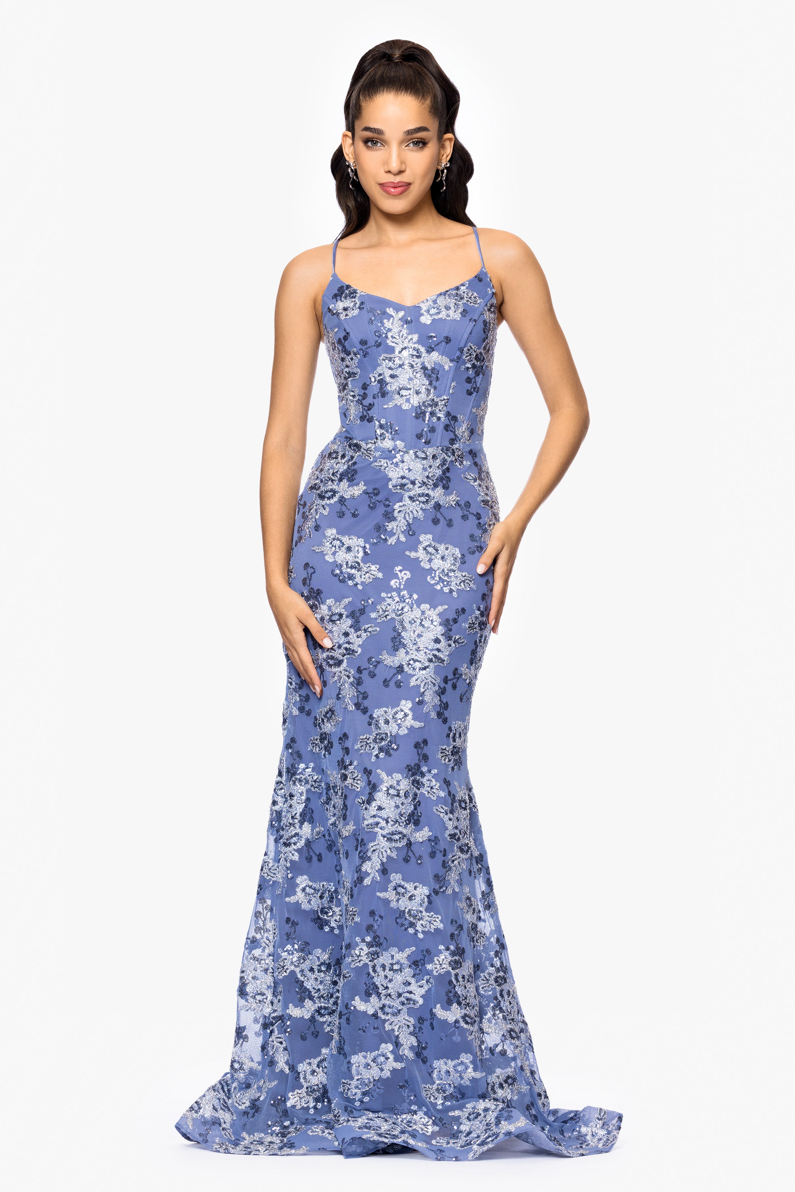 "Kylie" Embroidered Tieback Floor Length Dress