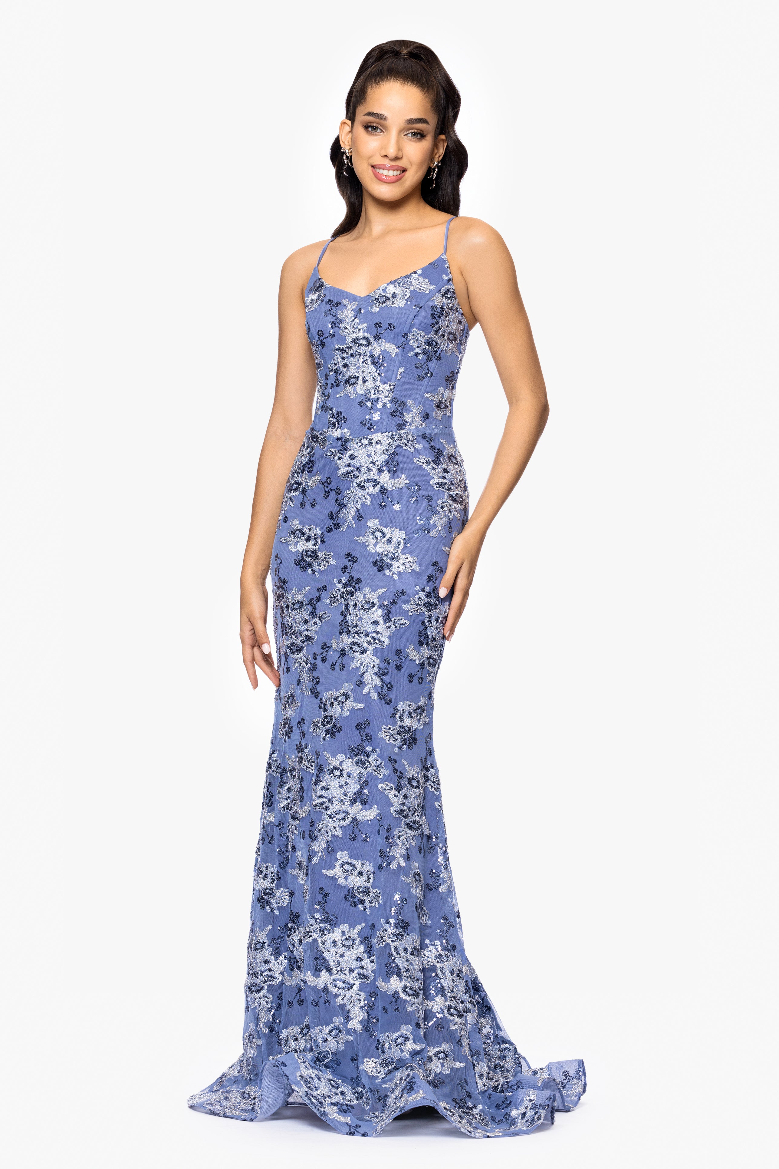 "Kylie" Embroidered Tieback Floor Length Dress