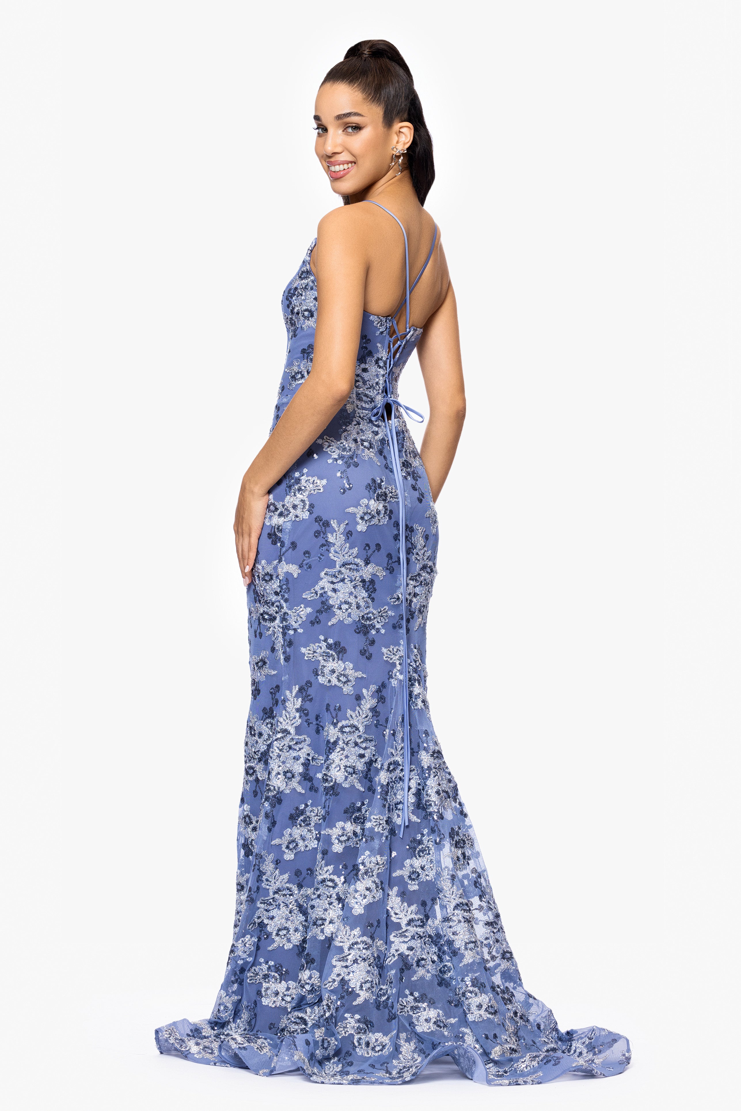 "Kylie" Embroidered Tieback Floor Length Dress