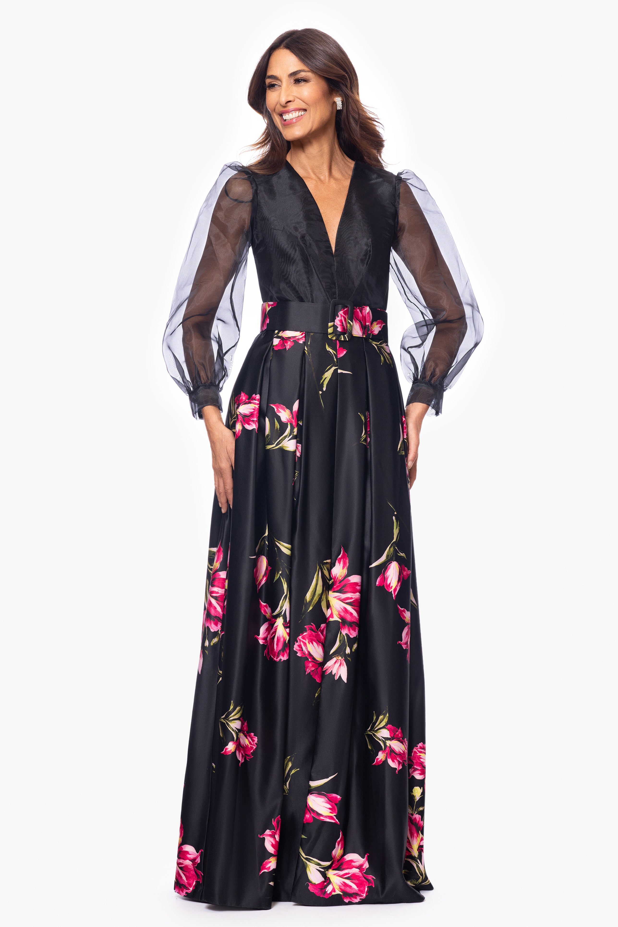 "Coraline" Long Sleeve Satin Print Floor Length Gown