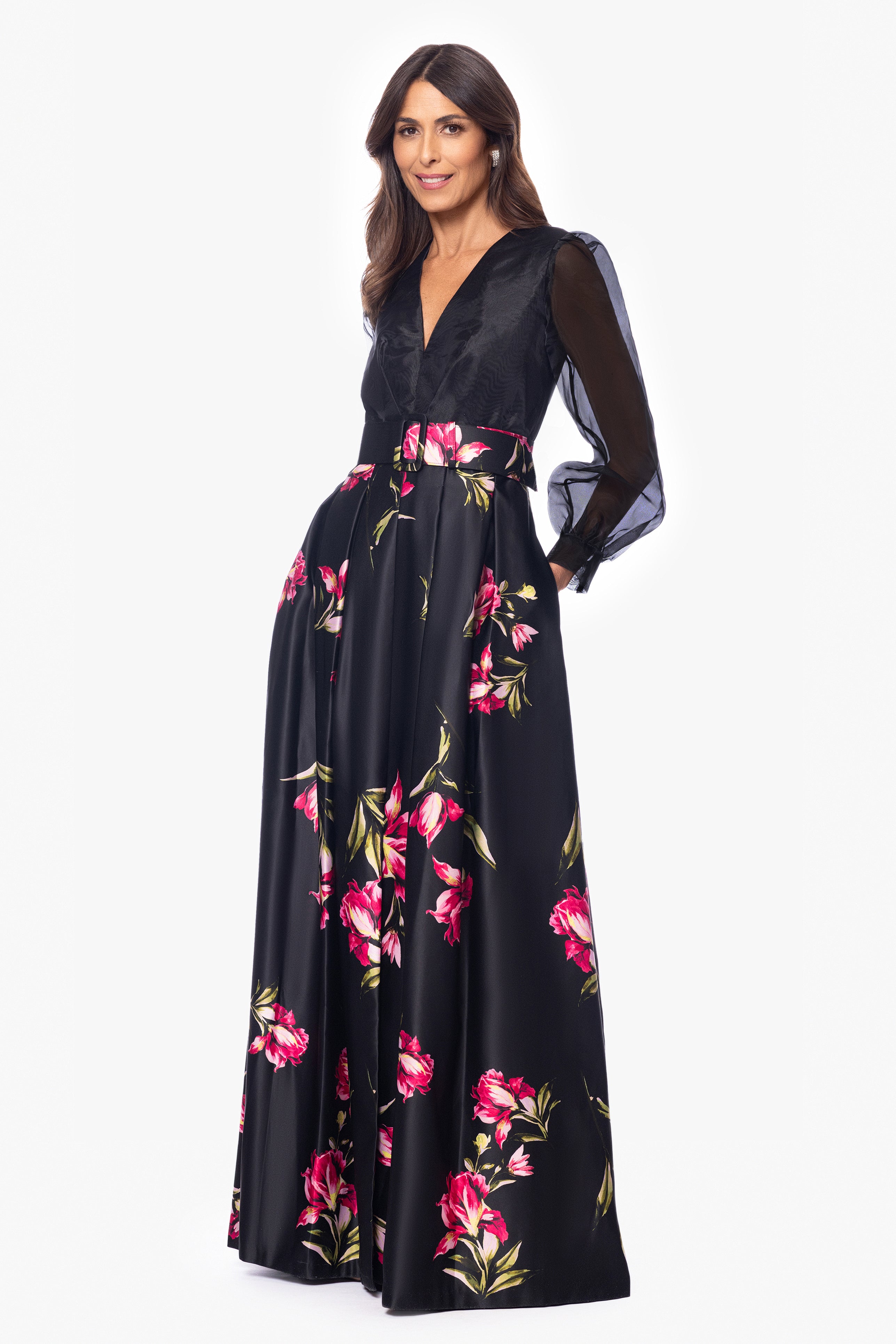 "Coraline" Long Sleeve Satin Print Floor Length Gown