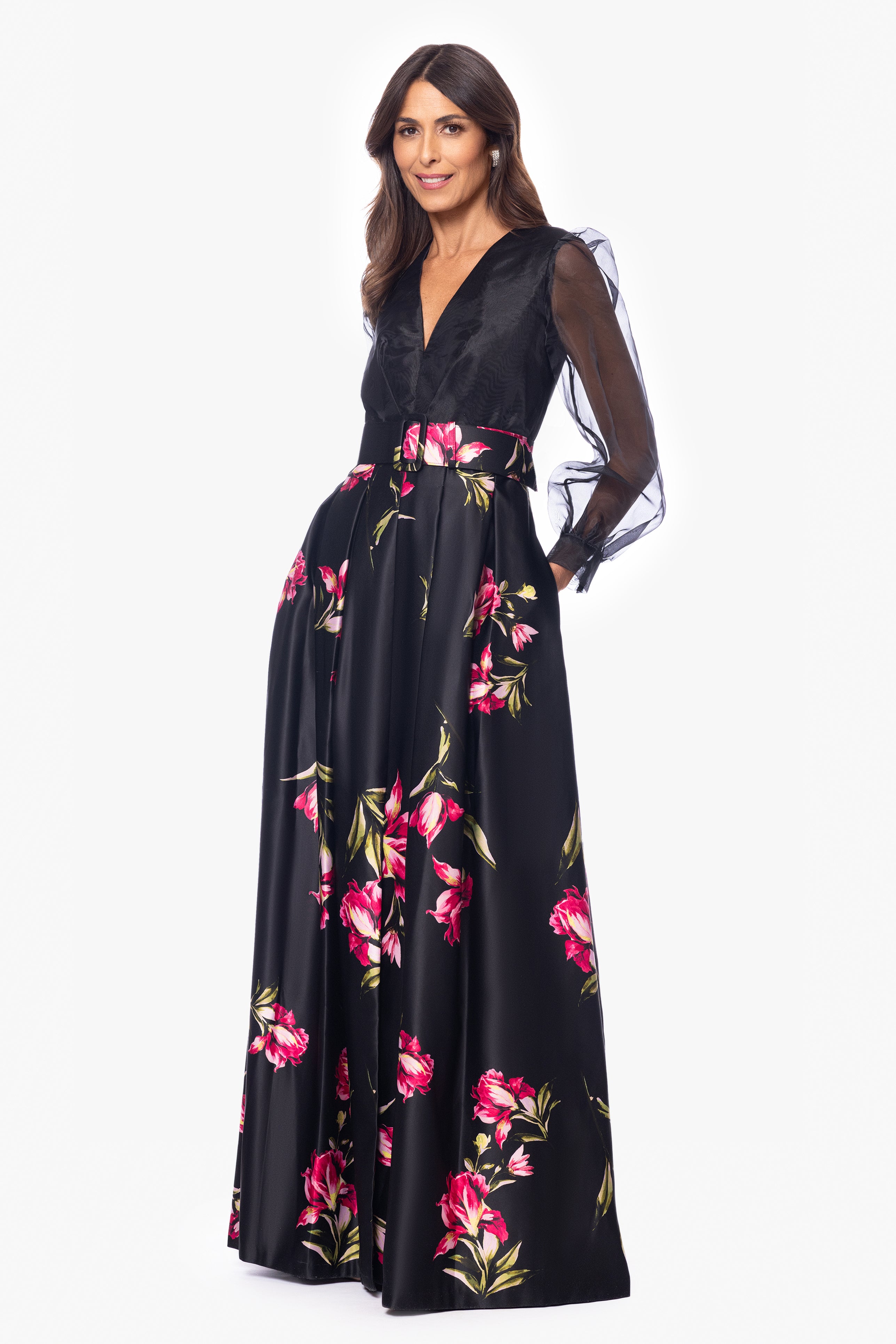 "Coraline" Long Sleeve Satin Print Floor Length Gown