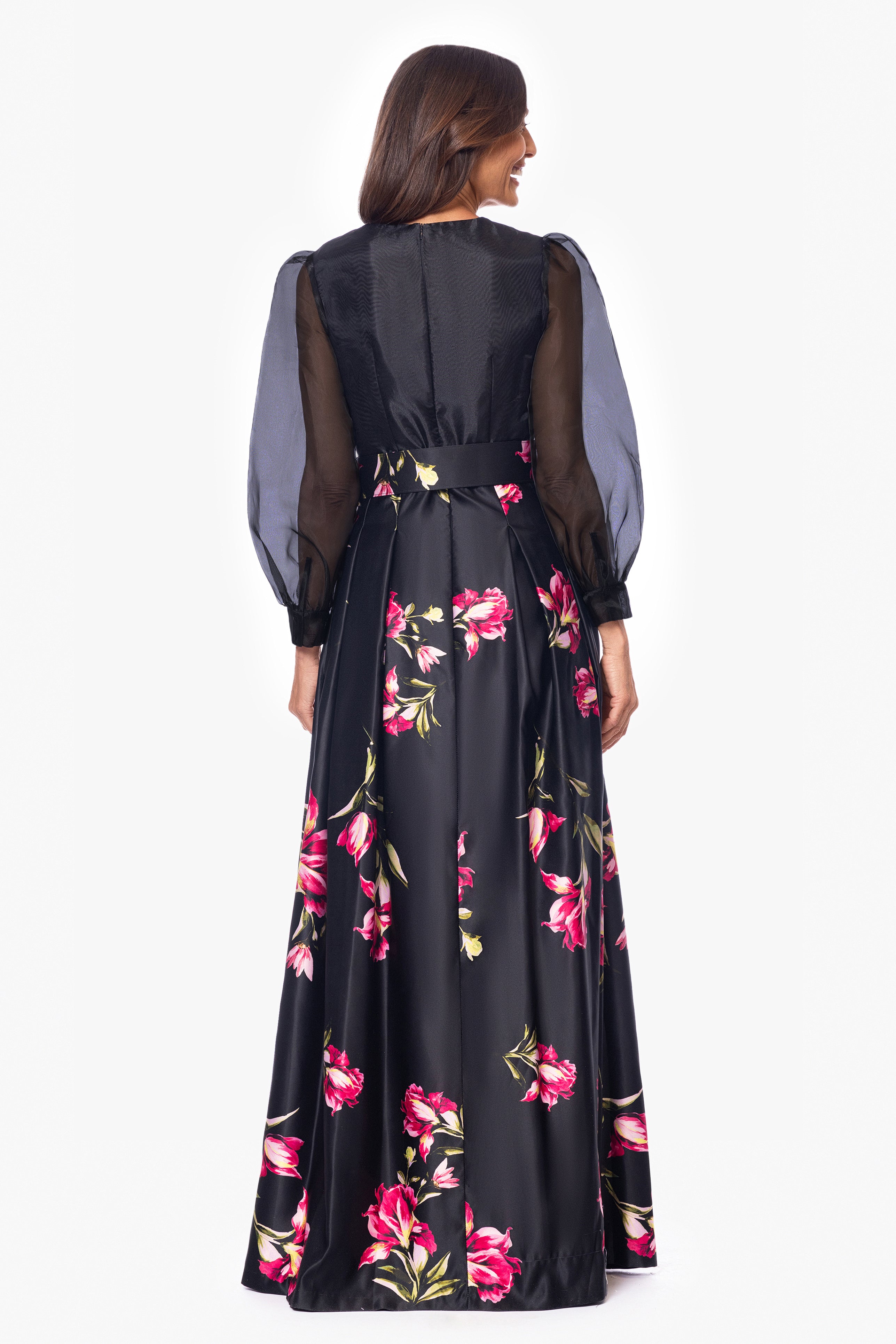 "Coraline" Long Sleeve Satin Print Floor Length Gown