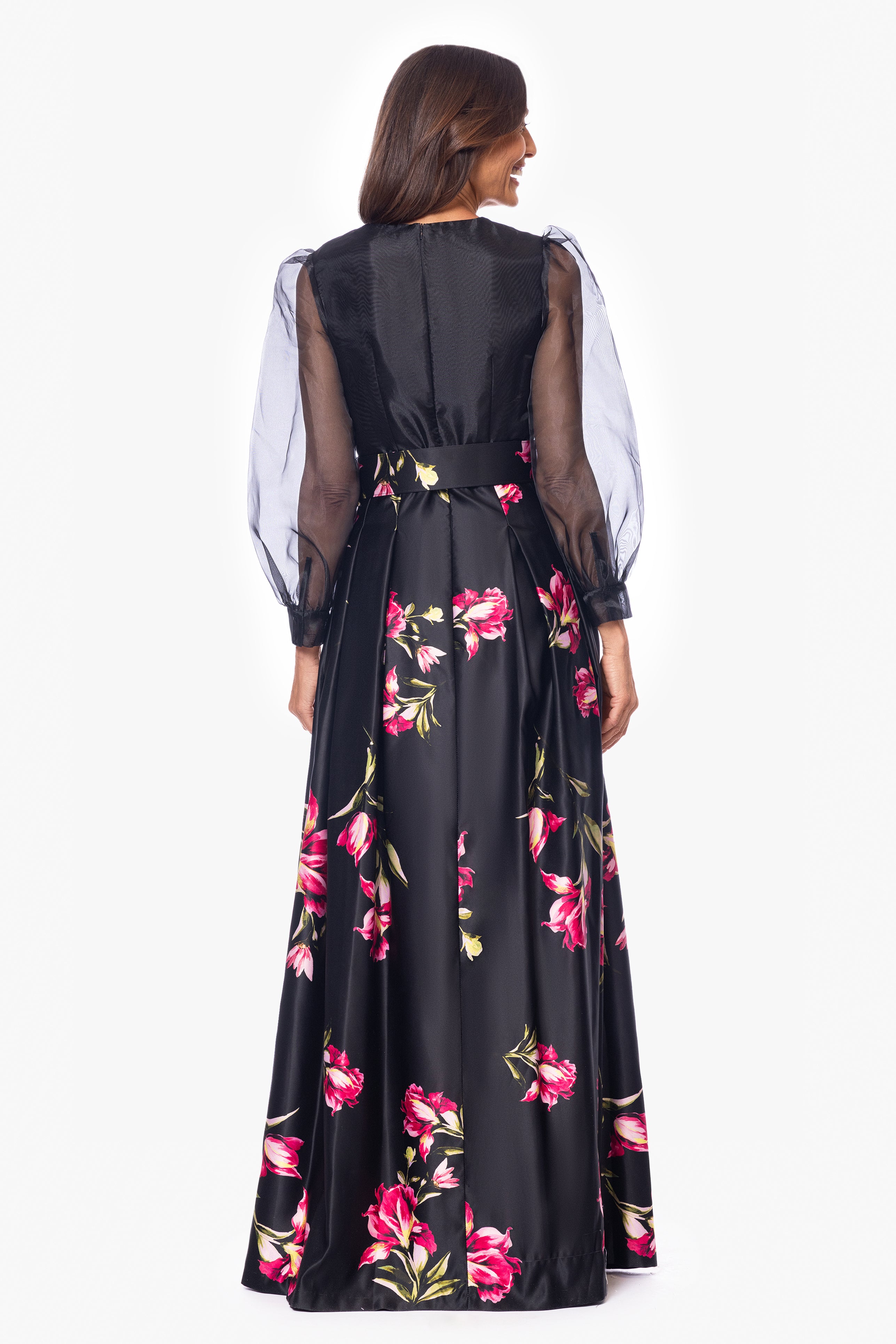 "Coraline" Long Sleeve Satin Print Floor Length Gown