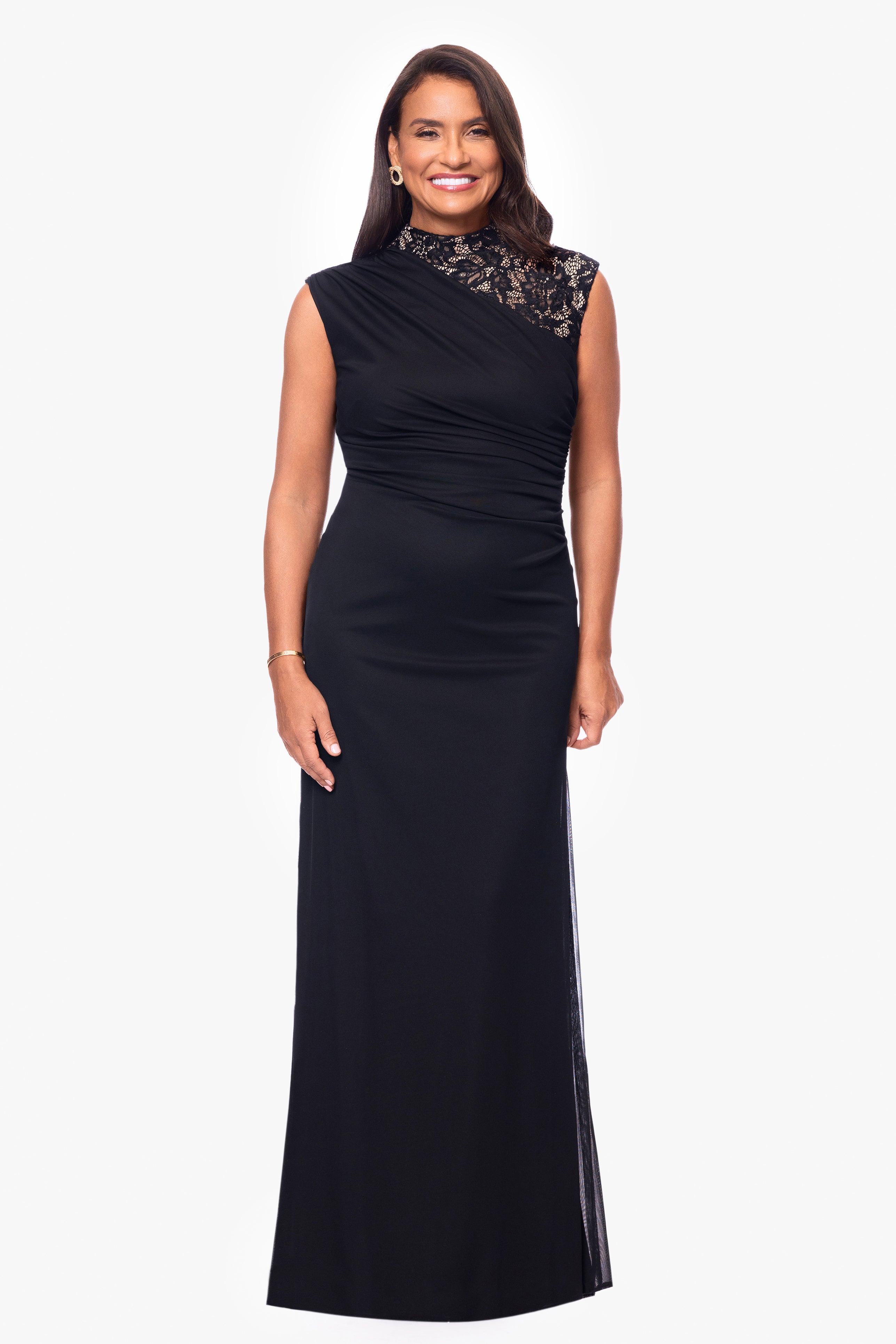 "Dayna" Floor Length Sleeveless Sheer Matte Jersey Lack Neck Rouched Side Dress