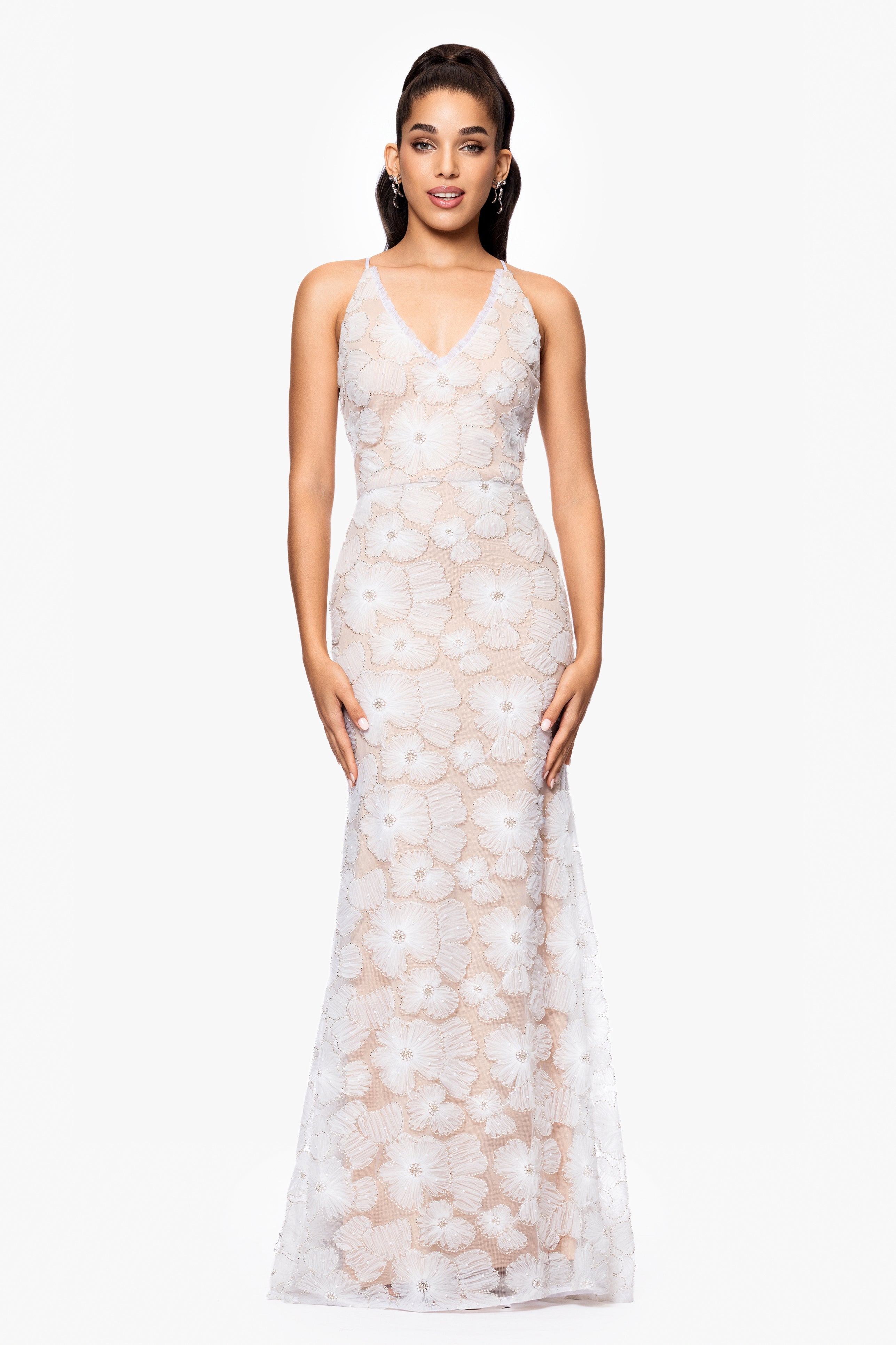 "Carm" Beaded Soutache V-Neck Floor Length Dress