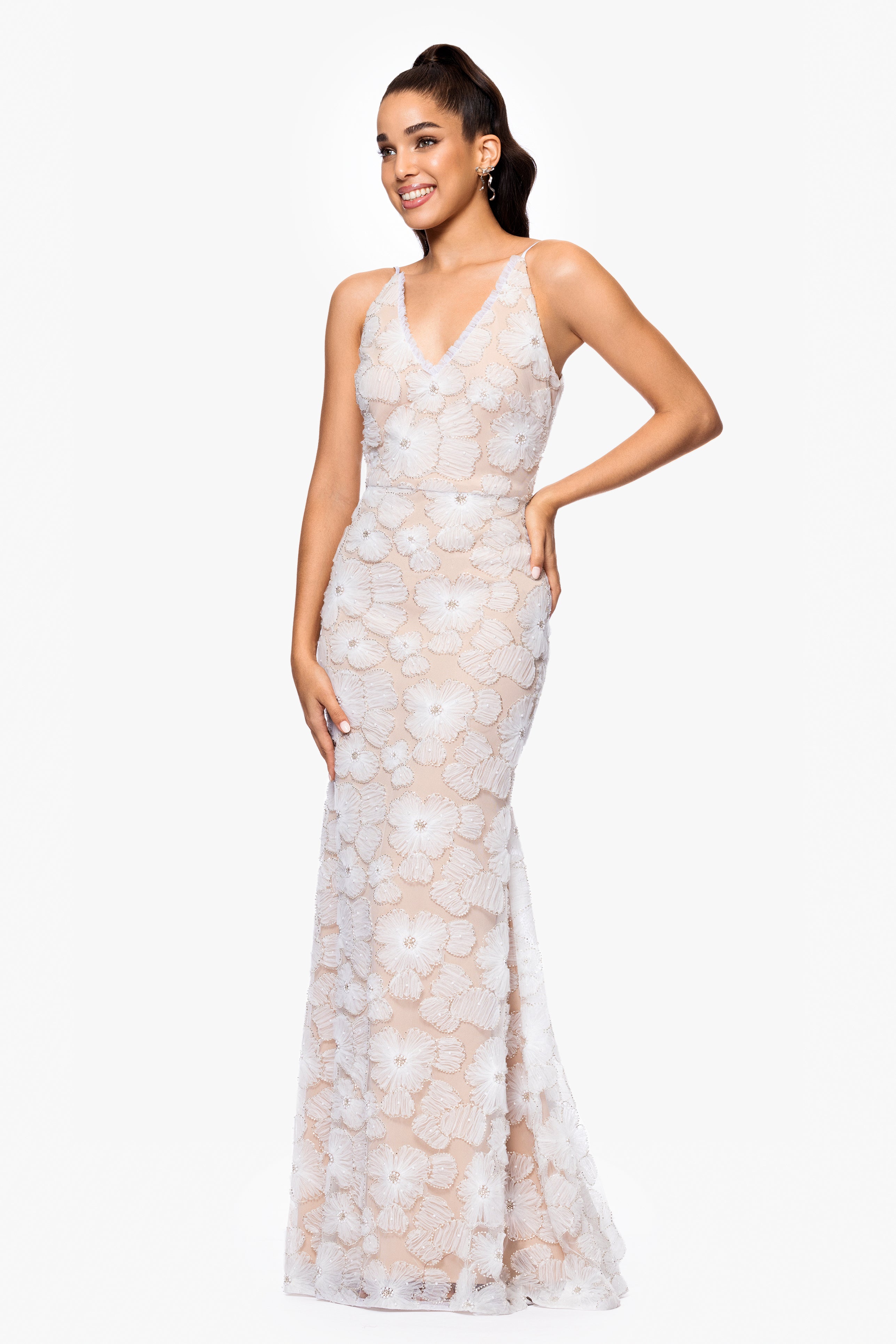 "Carm" Beaded Soutache V-Neck Floor Length Dress