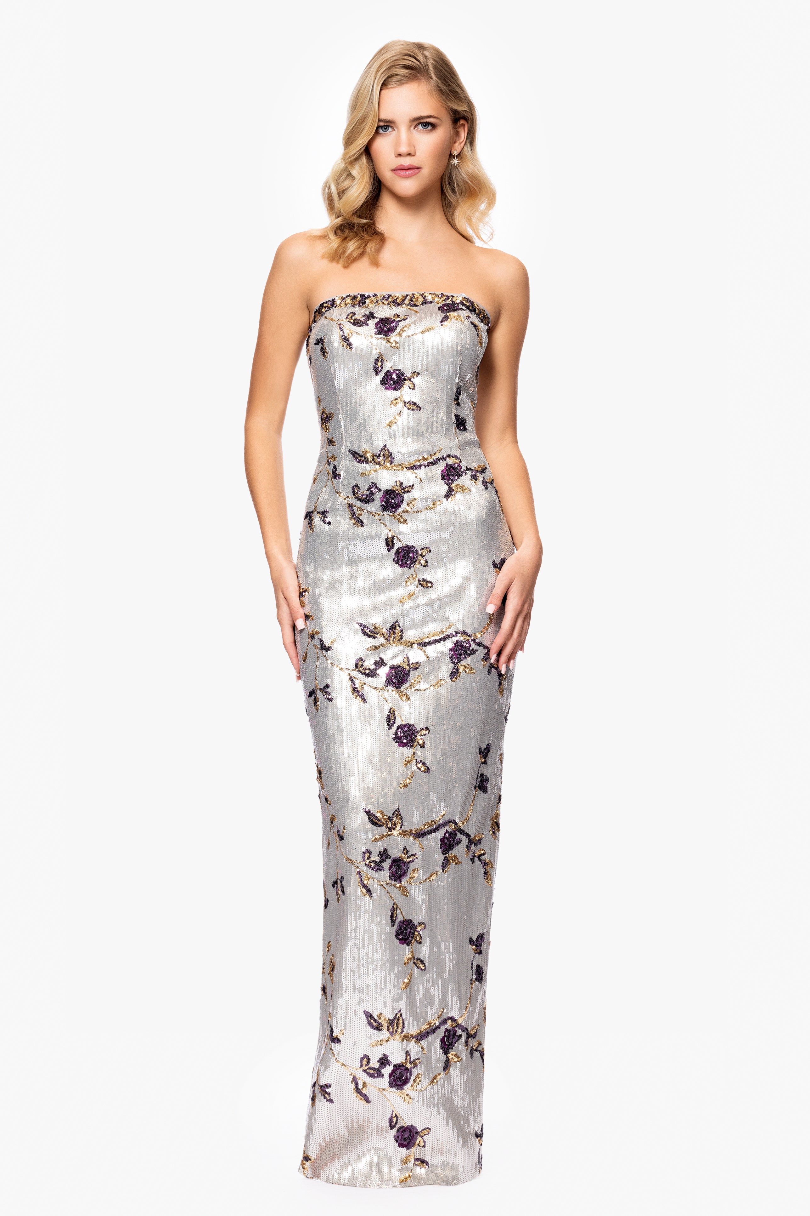 "Mallory" Strapless Sequin Floor Length Dress