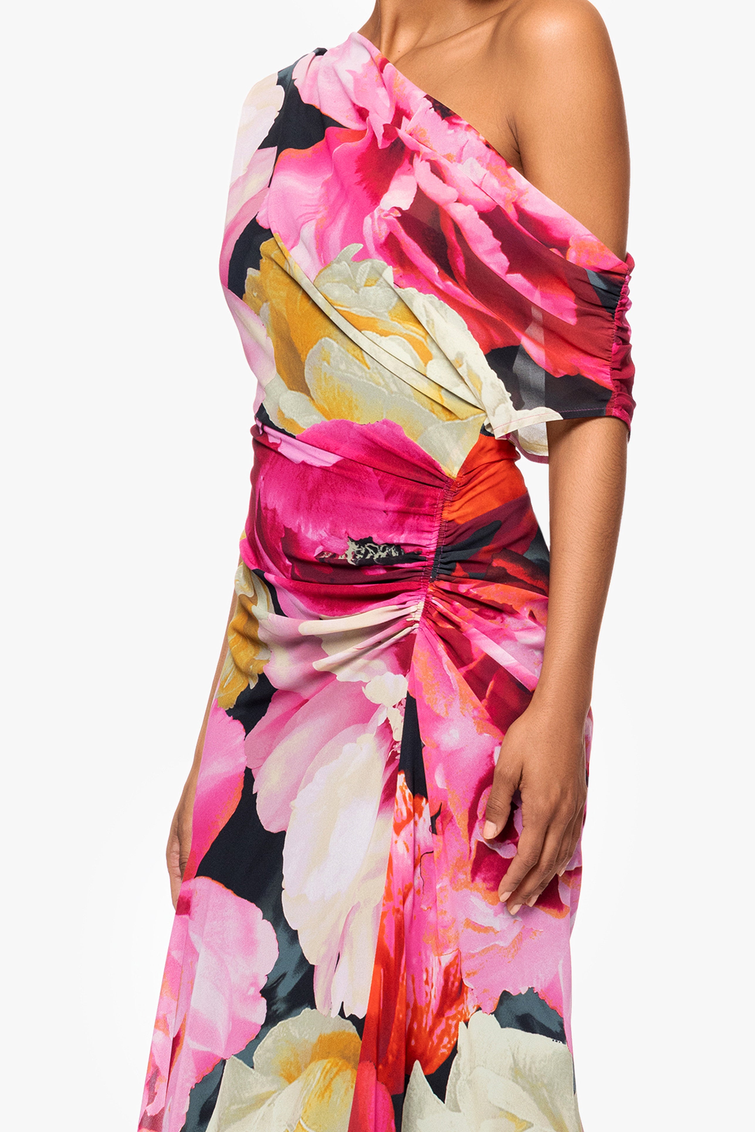 "Dawn" Print Souffle Chiffon Drop Shoulder Floor Length Dress