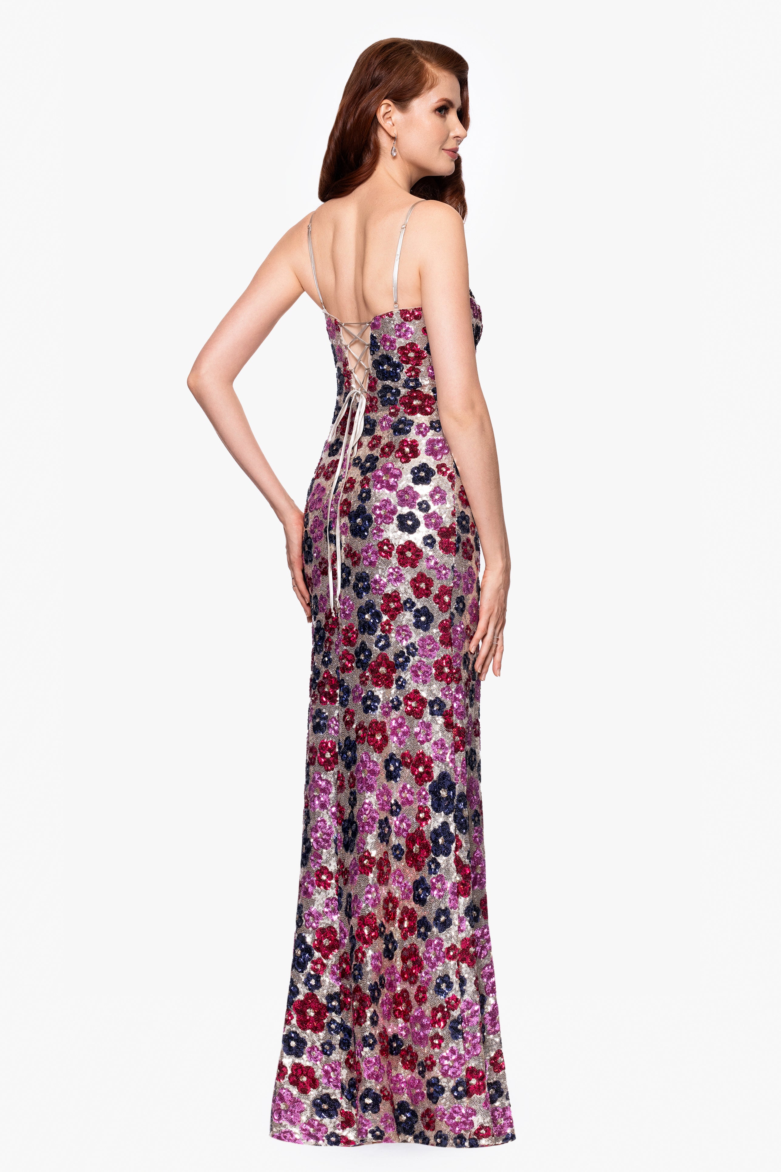 "Miley" Long Floral Sequin Spaghetti Strap Floor Length Dress