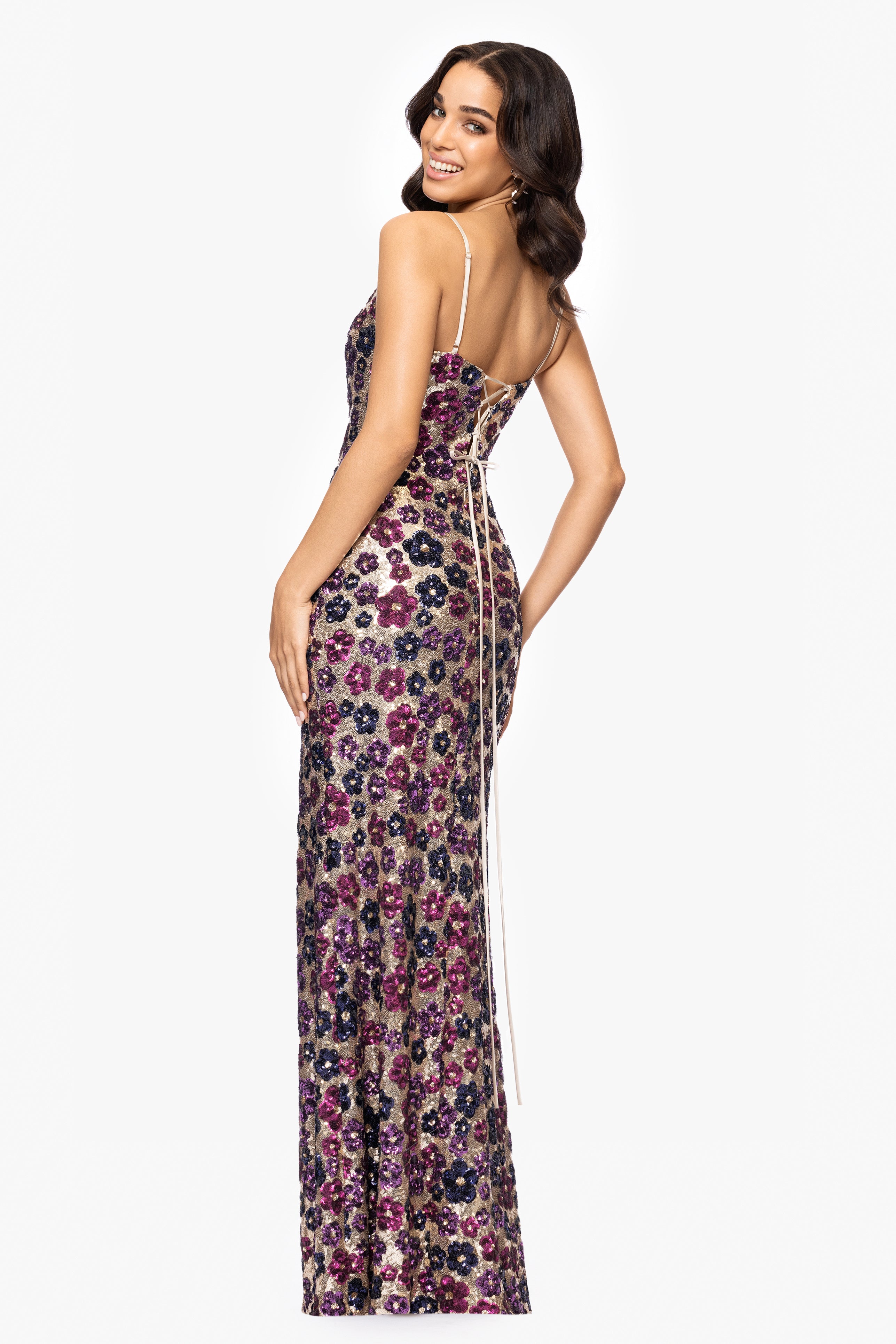 "Miley" Floral Sequin Spaghetti Strap Floor Length Dress