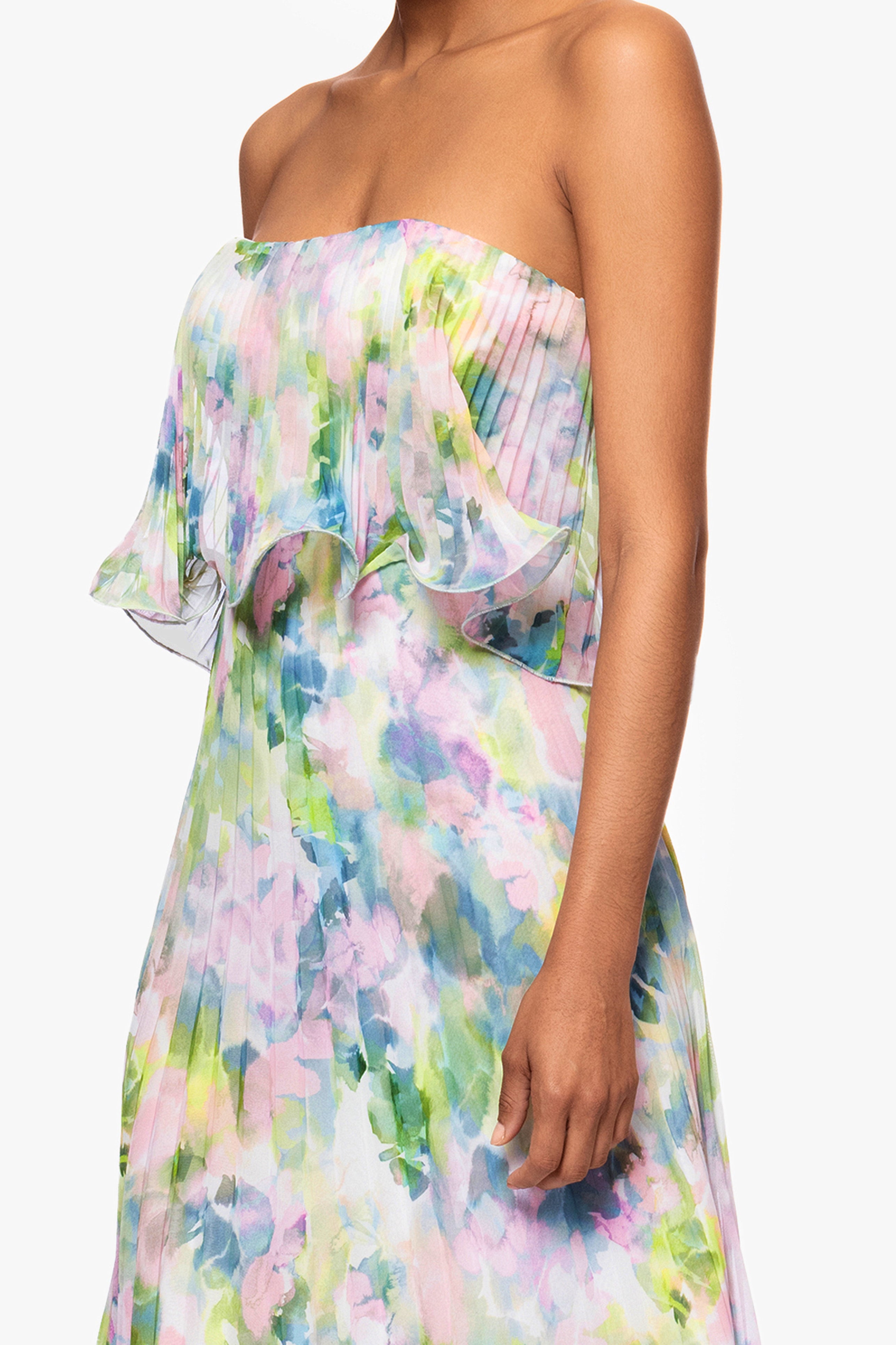 "Enid" Strapless Print Chiffon Pleated Floor Length Dress