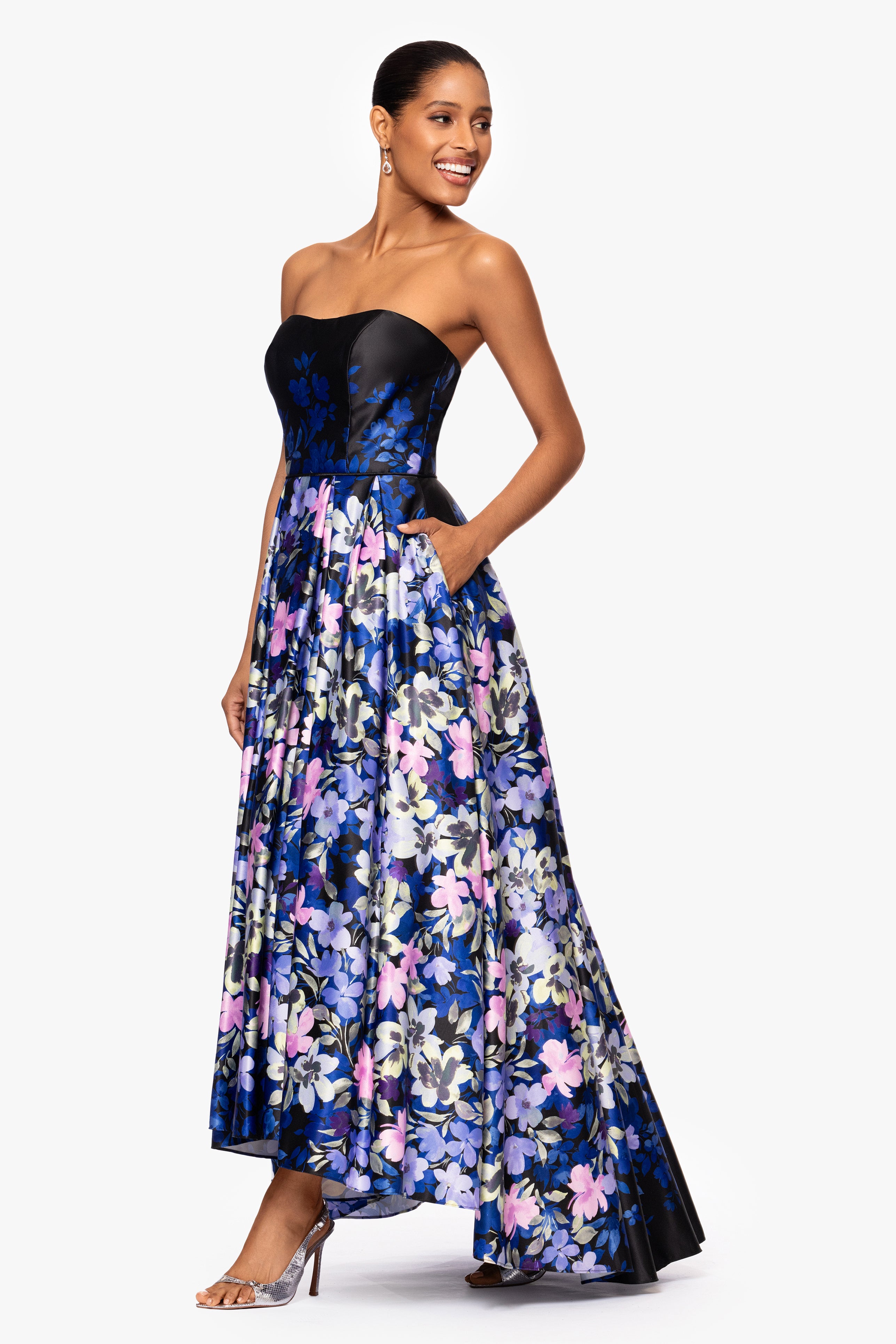 "Abbey" Satin Print High Low Ballgown