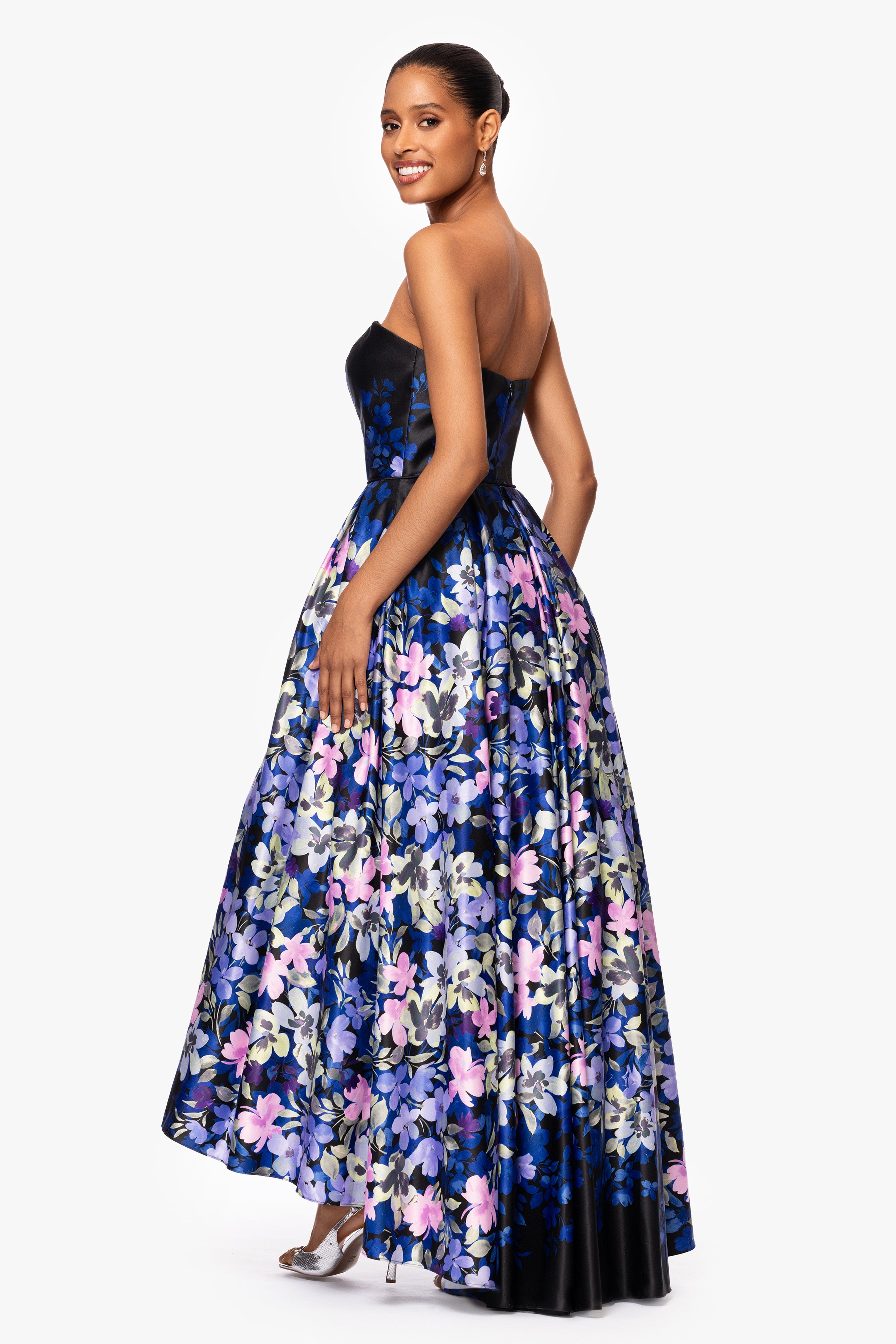 "Abbey" Satin Print High Low Ballgown