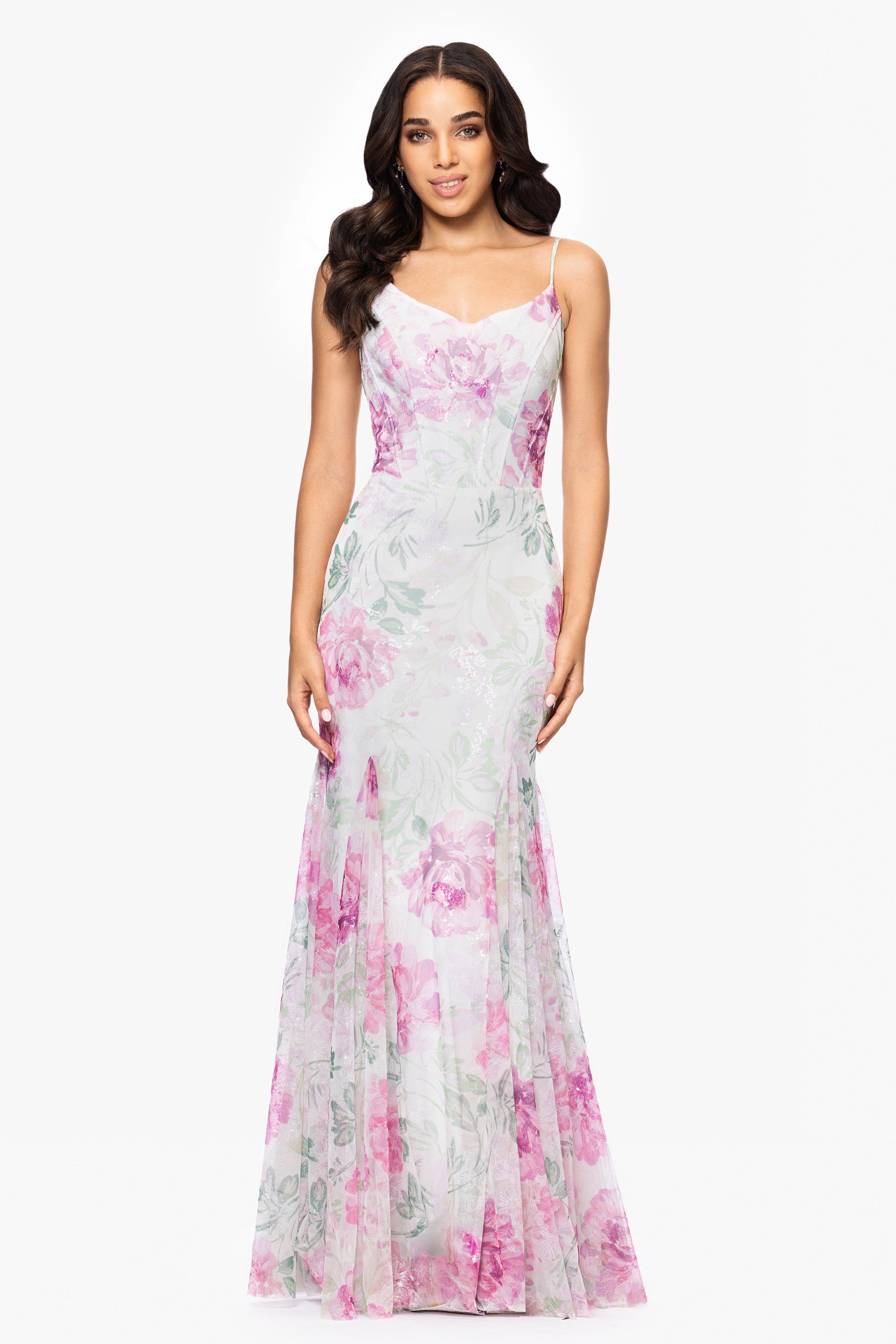 "Eve" Printed Sequin Spaghetti Strap Floor Length Dress