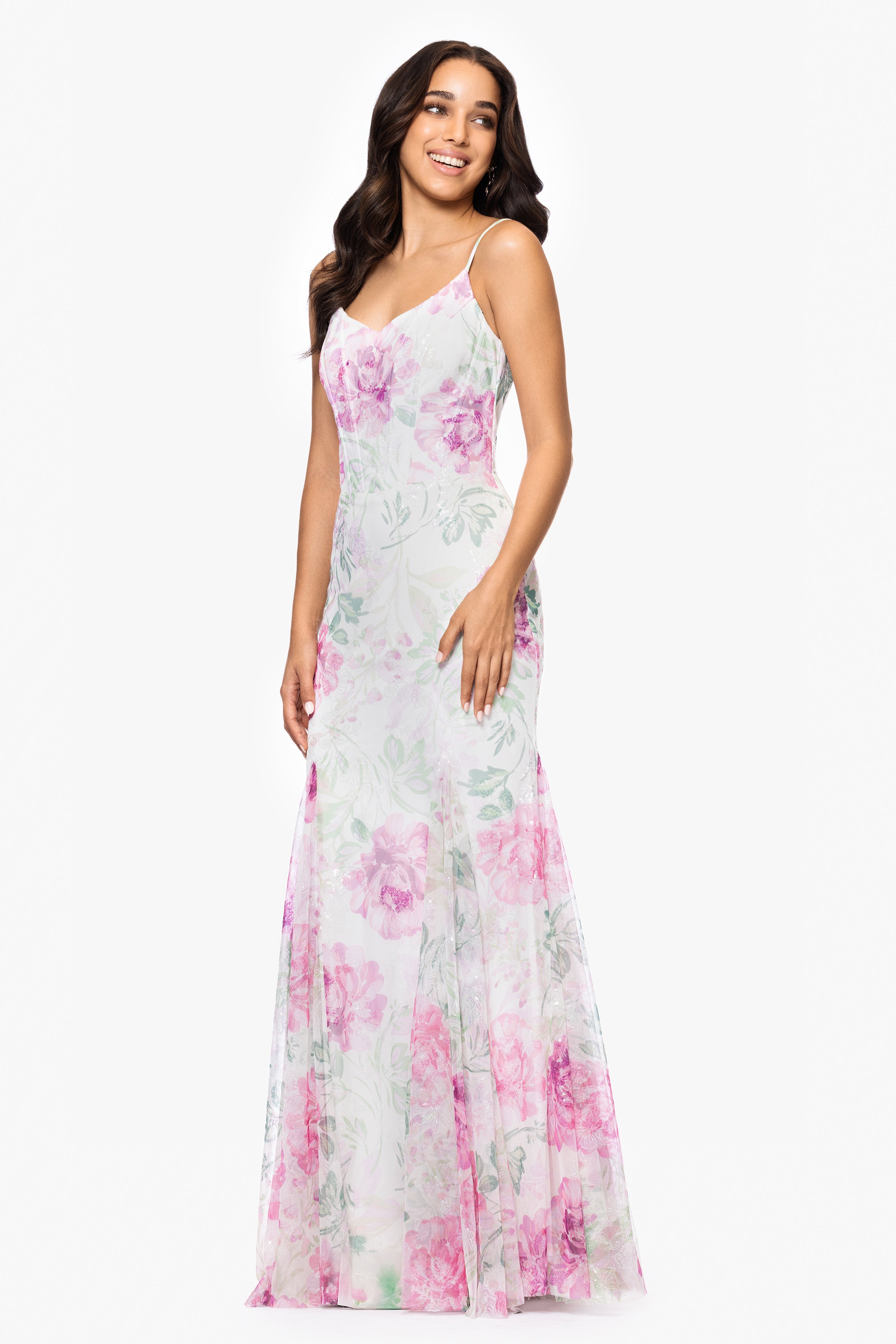 "Eve" Printed Sequin Spaghetti Strap Floor Length Dress