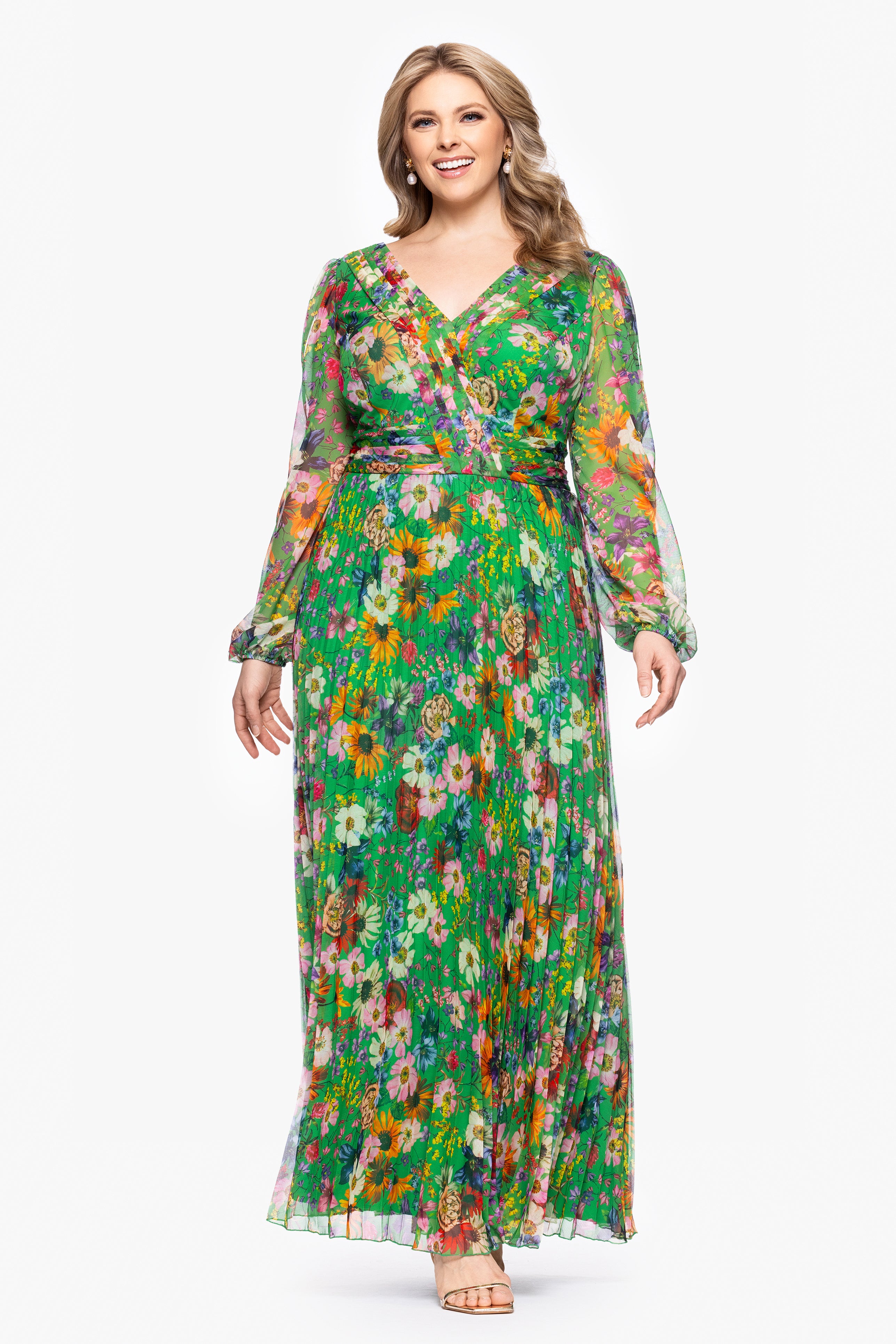 Plus "Katarina" Chiffon Print Long Sleeve Floor Length Dress