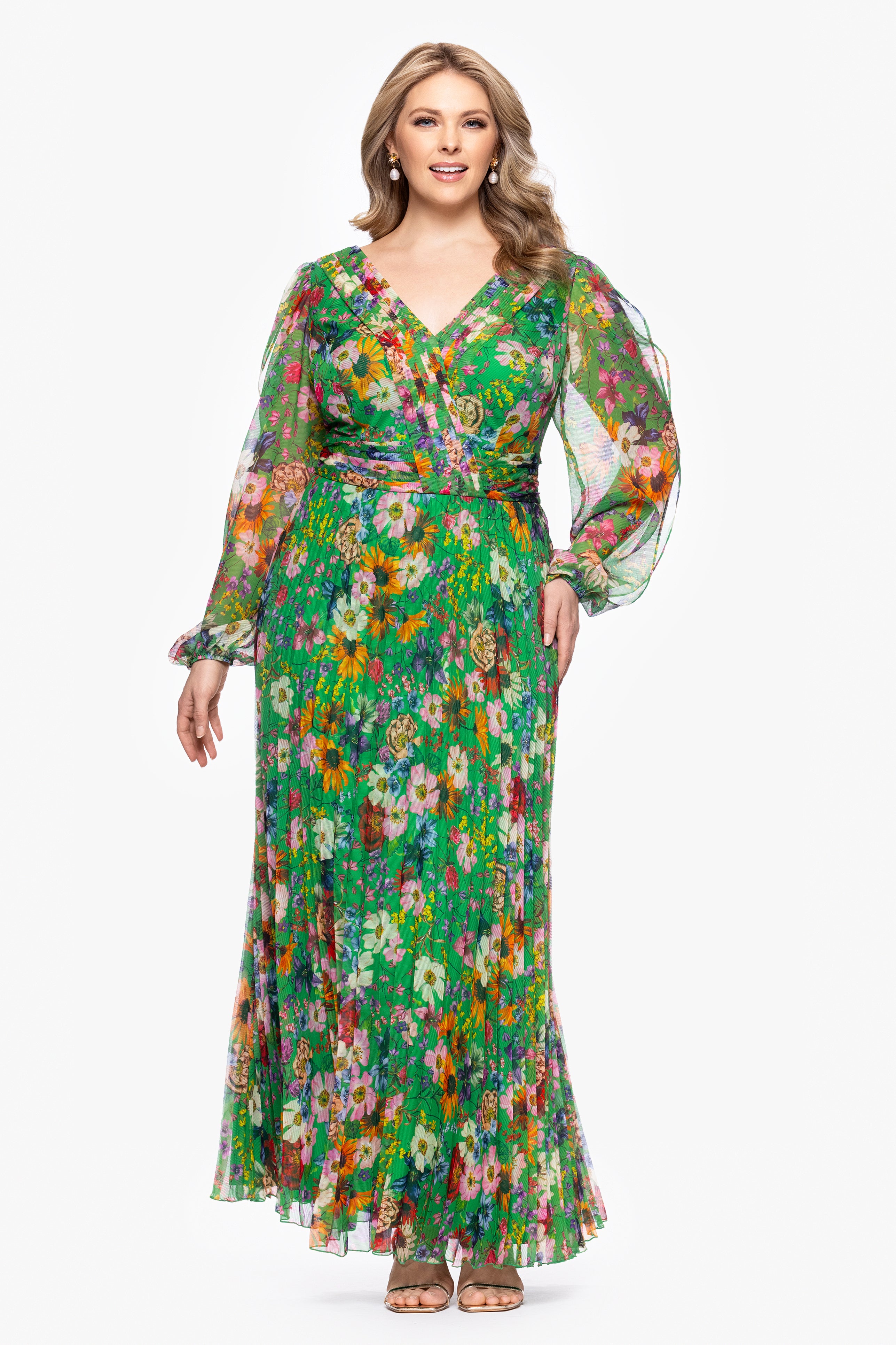 Plus "Katarina" Chiffon Print Long Sleeve Floor Length Dress