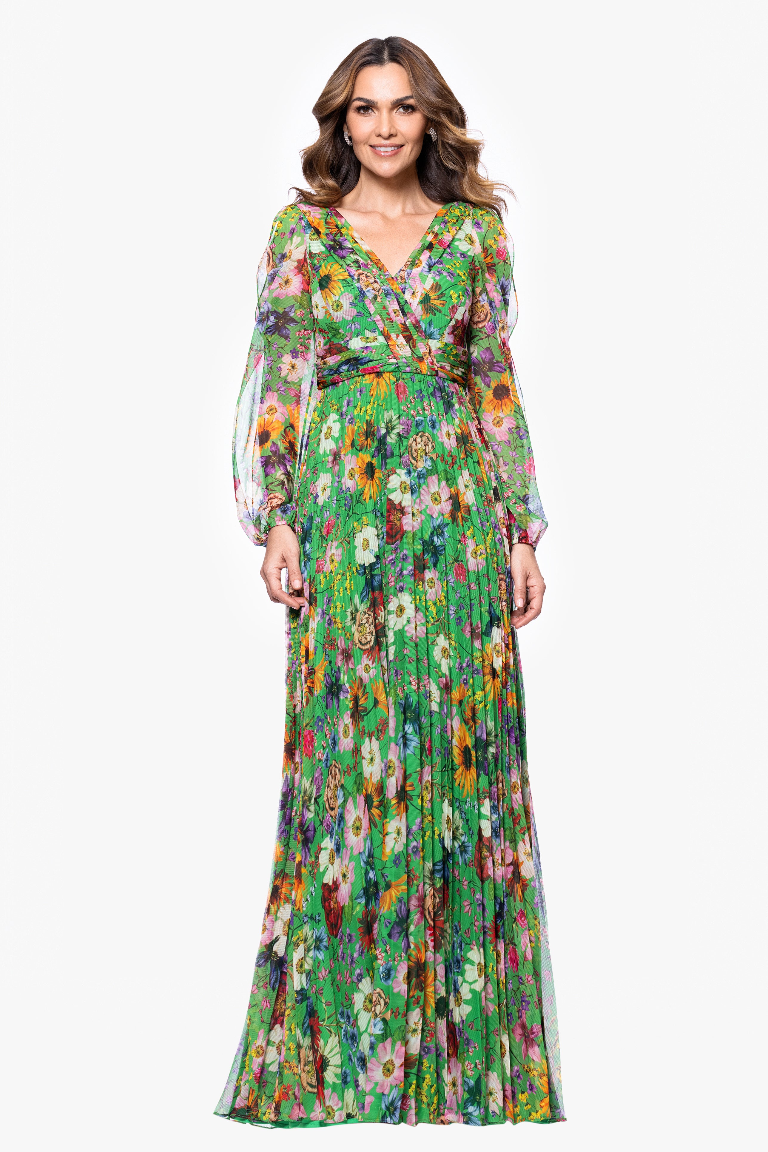 Petite "Katarina" Chiffon Print Long Sleeve Floor Length Dress