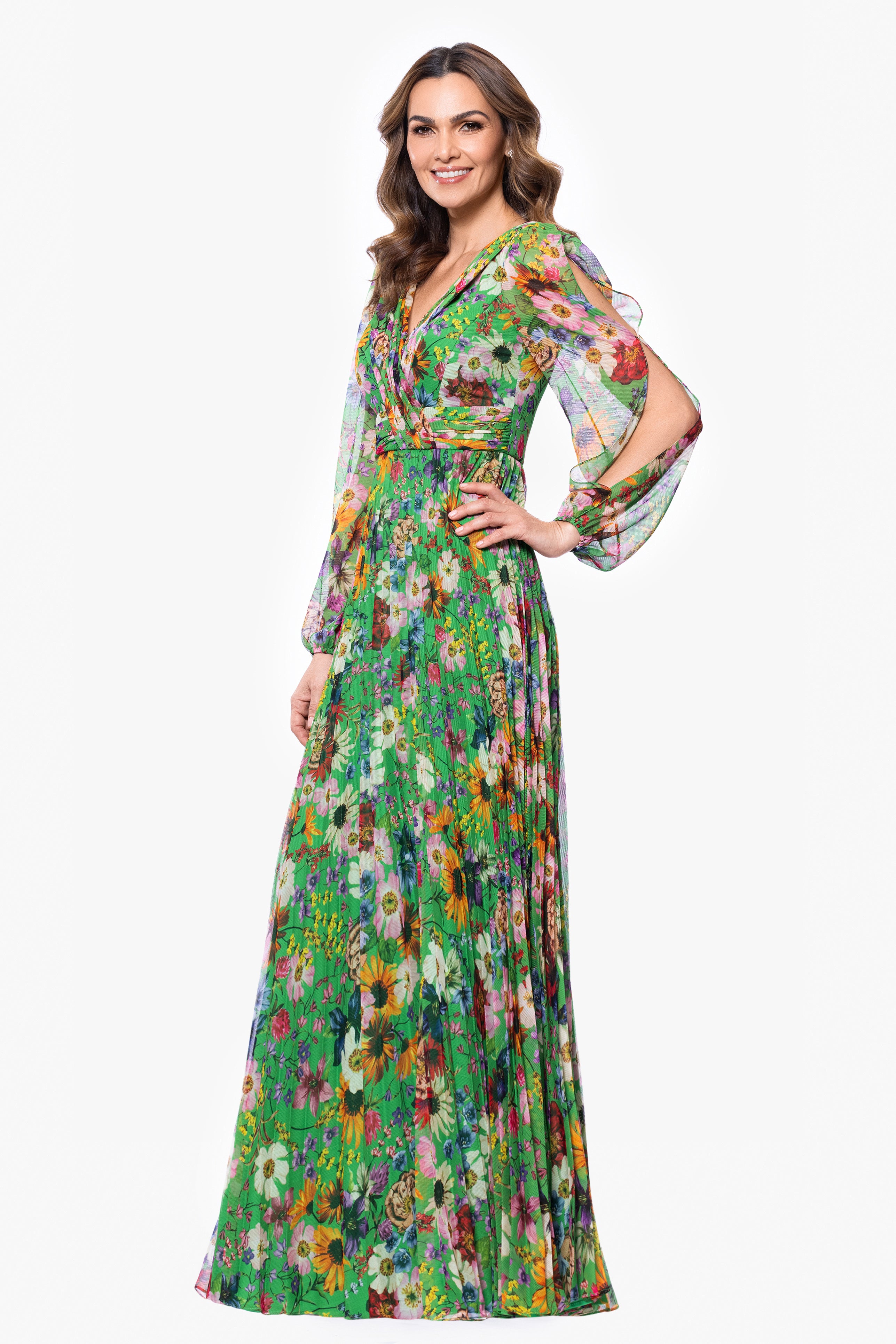 "Katarina" Chiffon Print Long Sleeve Floor Length Dress