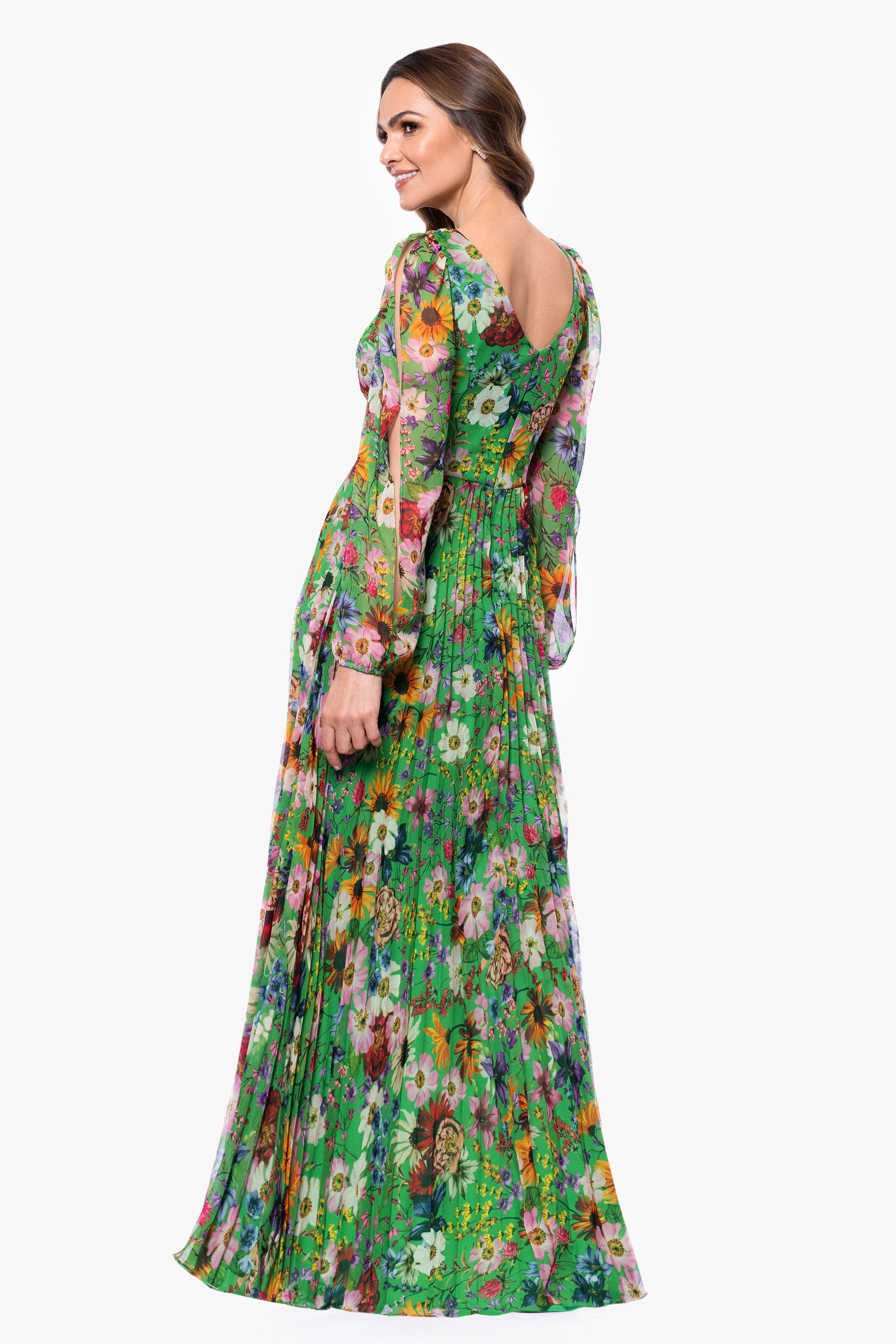 "Katarina" Chiffon Print Long Sleeve Floor Length Dress