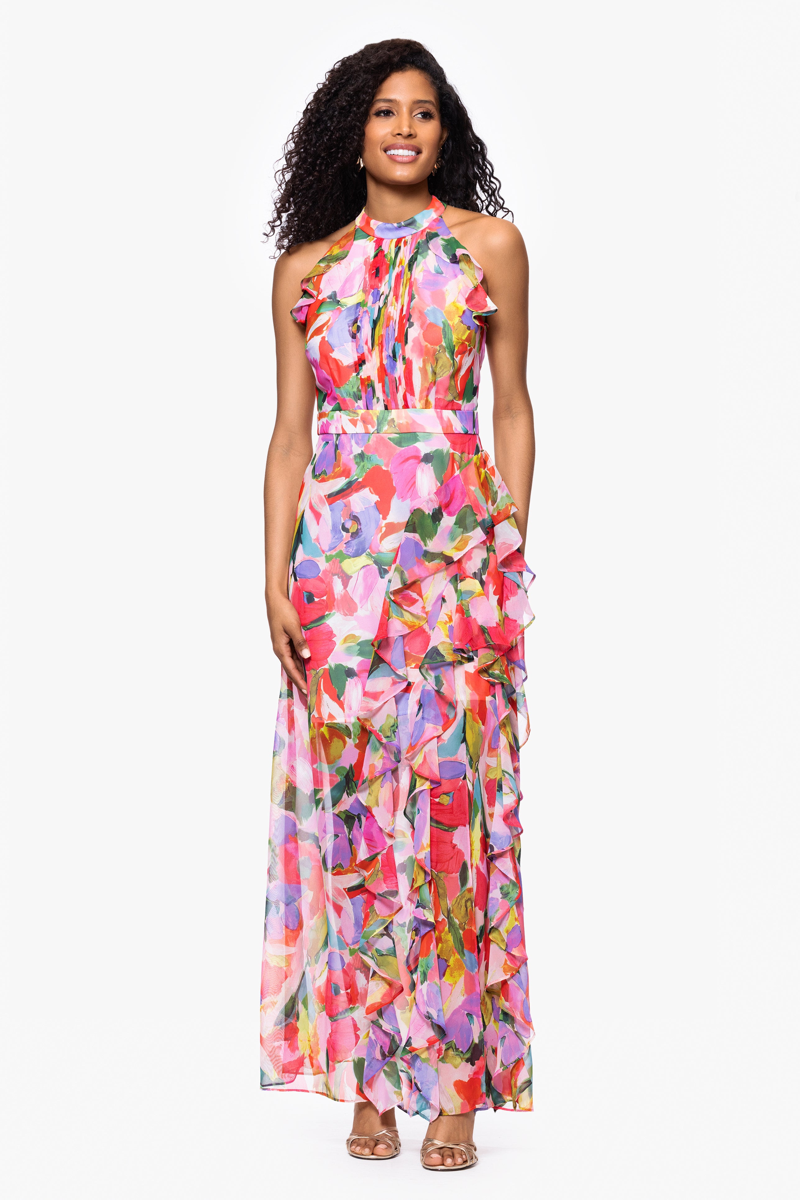 "Joseline" Chiffon Print Floor Length Ruffle Dress