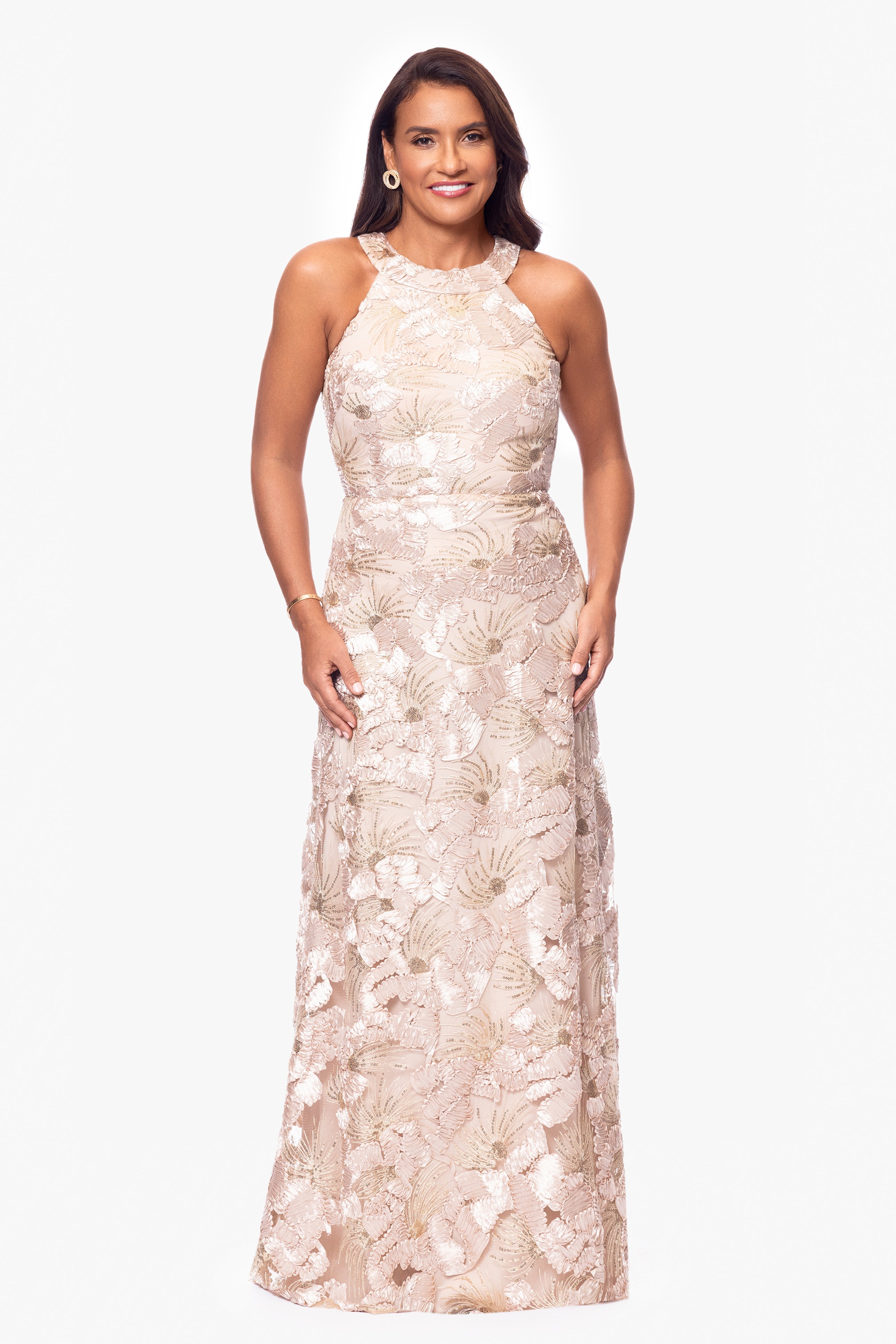 Petite "Fabiana" Halter Neck Soutache and Sequin Floor Length Dress