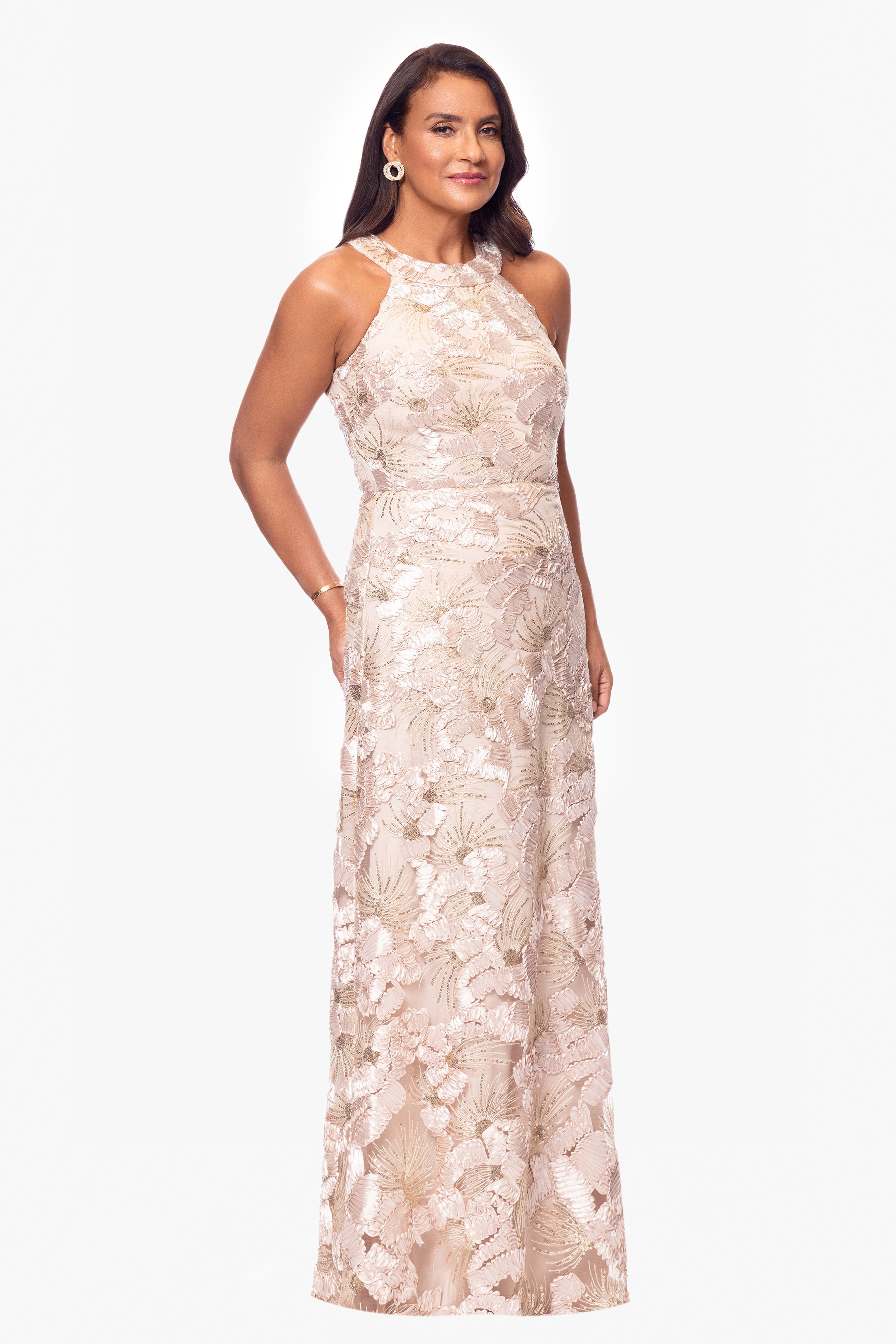 Petite "Fabiana" Halter Neck Soutache and Sequin Floor Length Dress