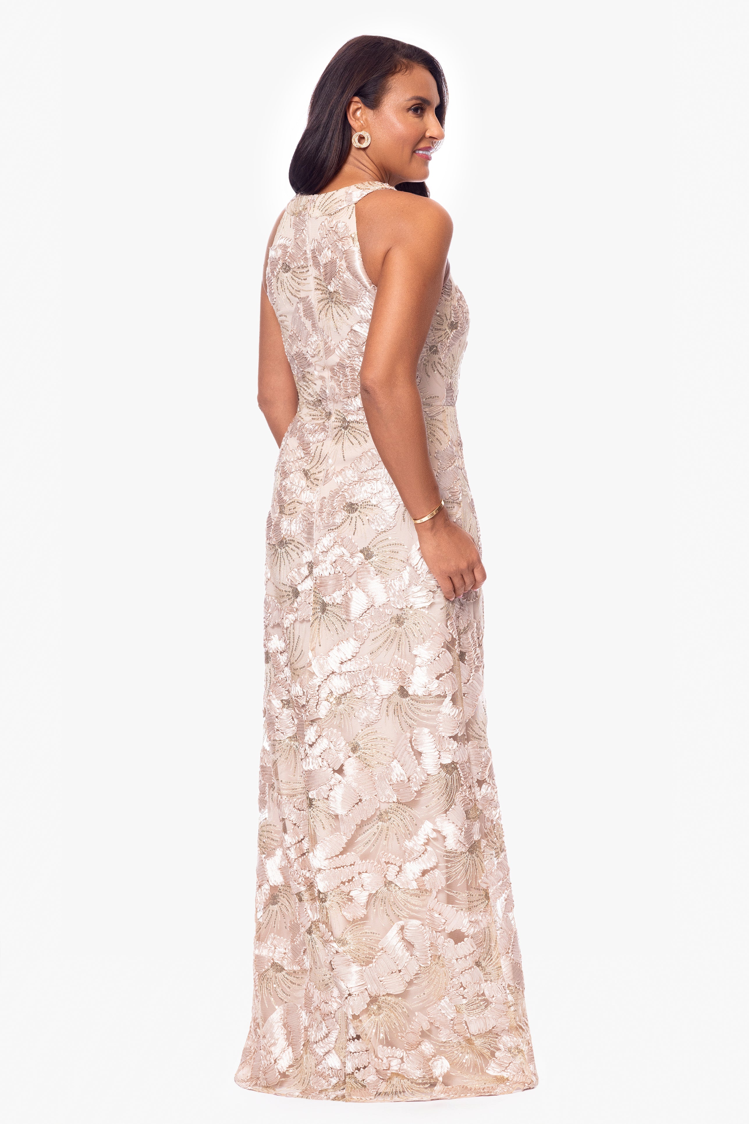 Petite "Fabiana" Halter Neck Soutache and Sequin Floor Length Dress