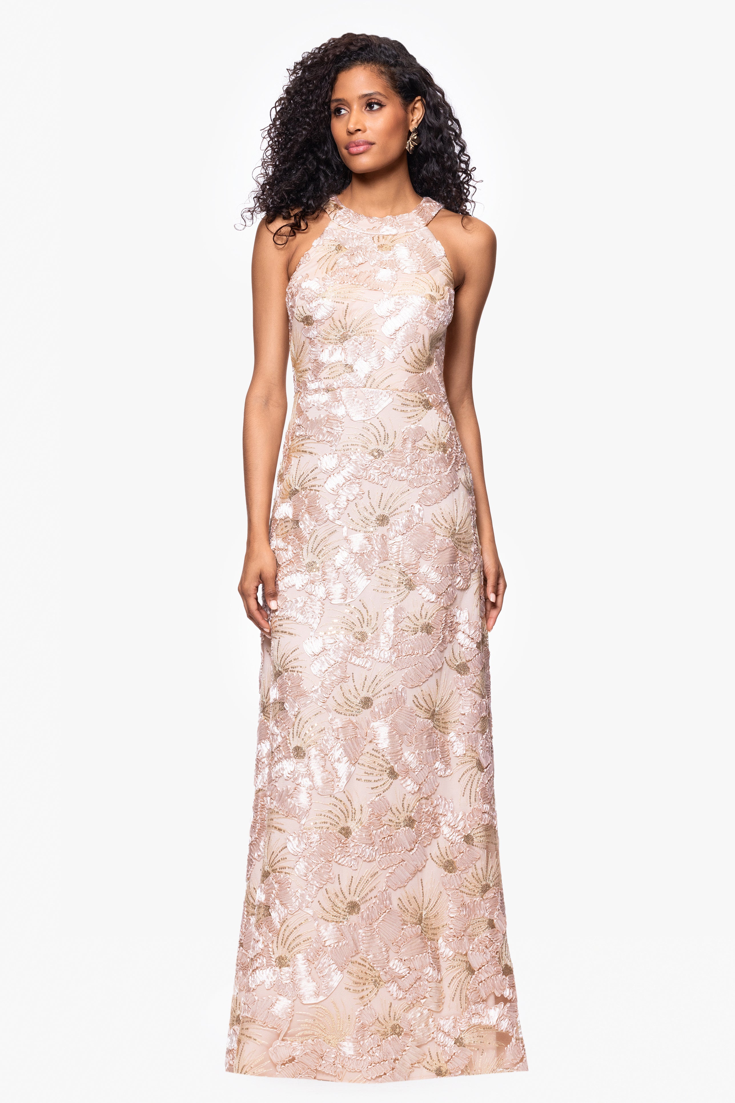 Petite "Fabiana" Halter Neck Soutache and Sequin Floor Length Dress