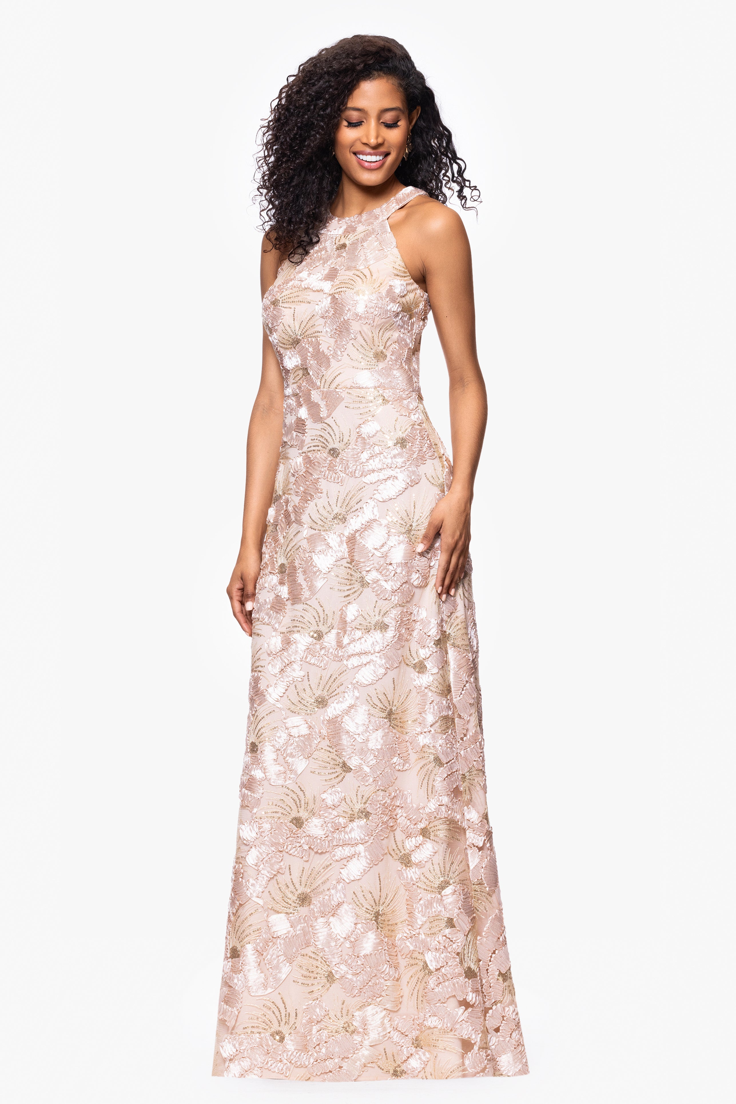 Petite "Fabiana" Halter Neck Soutache and Sequin Floor Length Dress