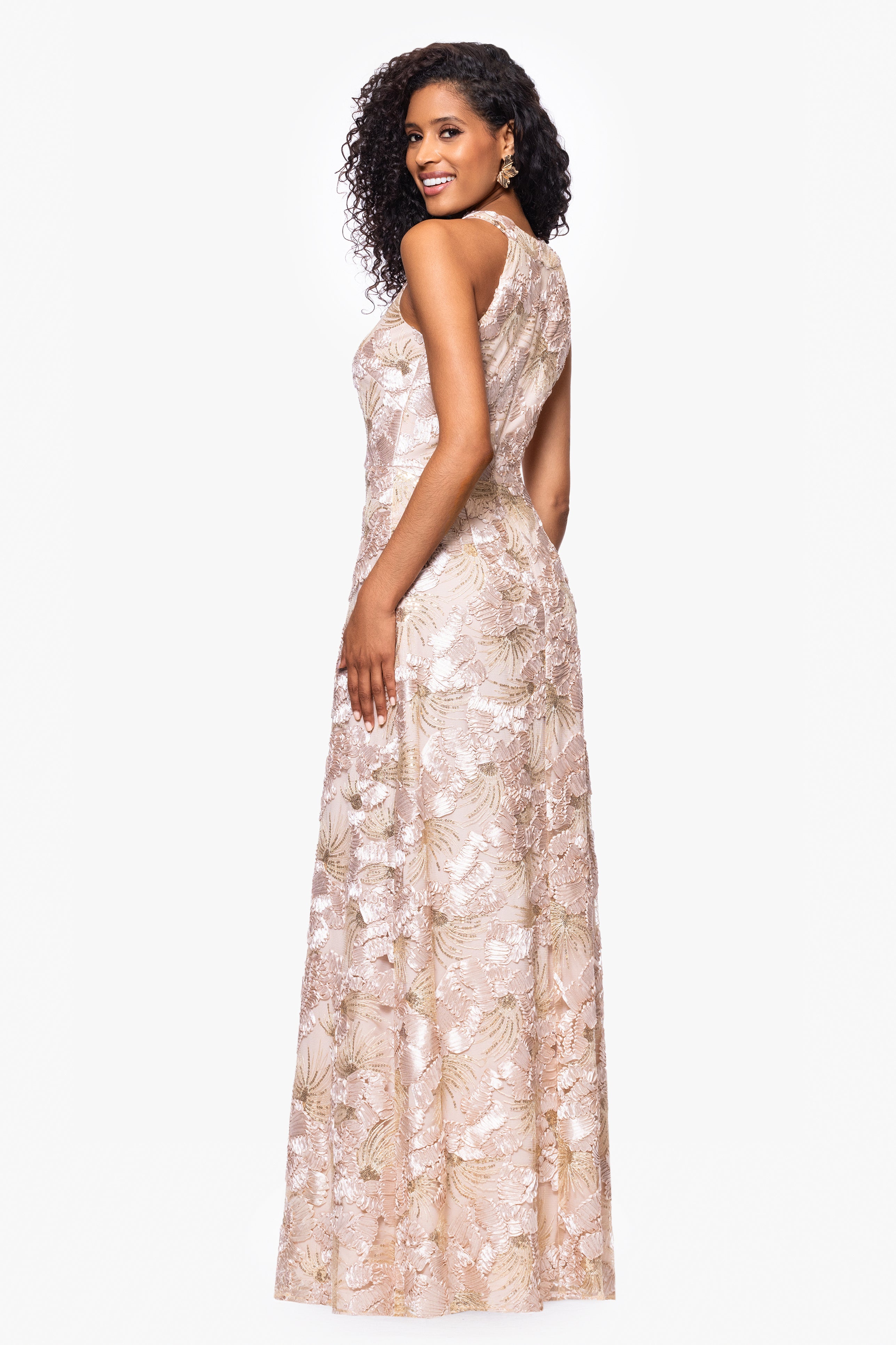 Petite "Fabiana" Halter Neck Soutache and Sequin Floor Length Dress