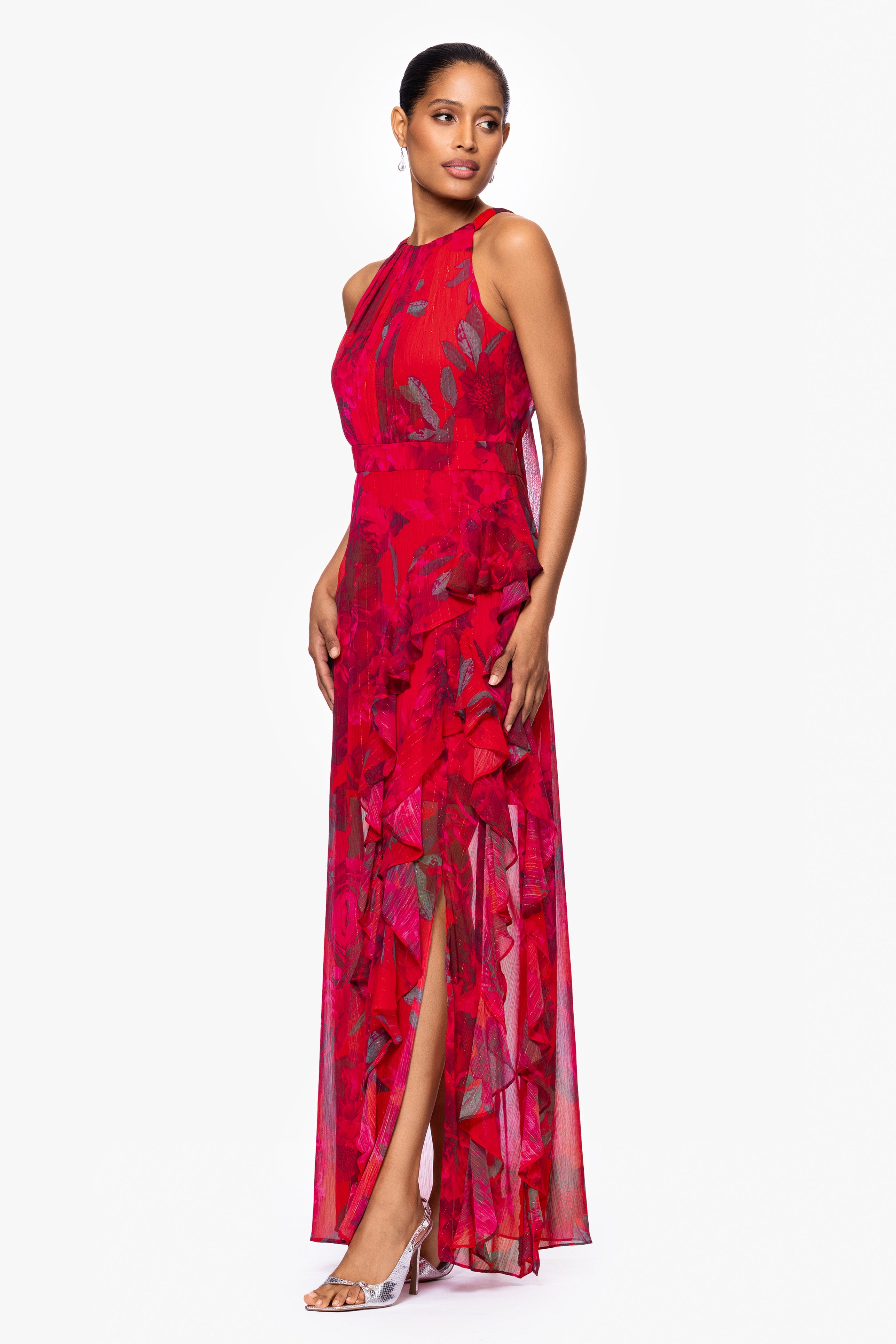 "Ginny" Chiffon Print Floor Length Ruffle Dress