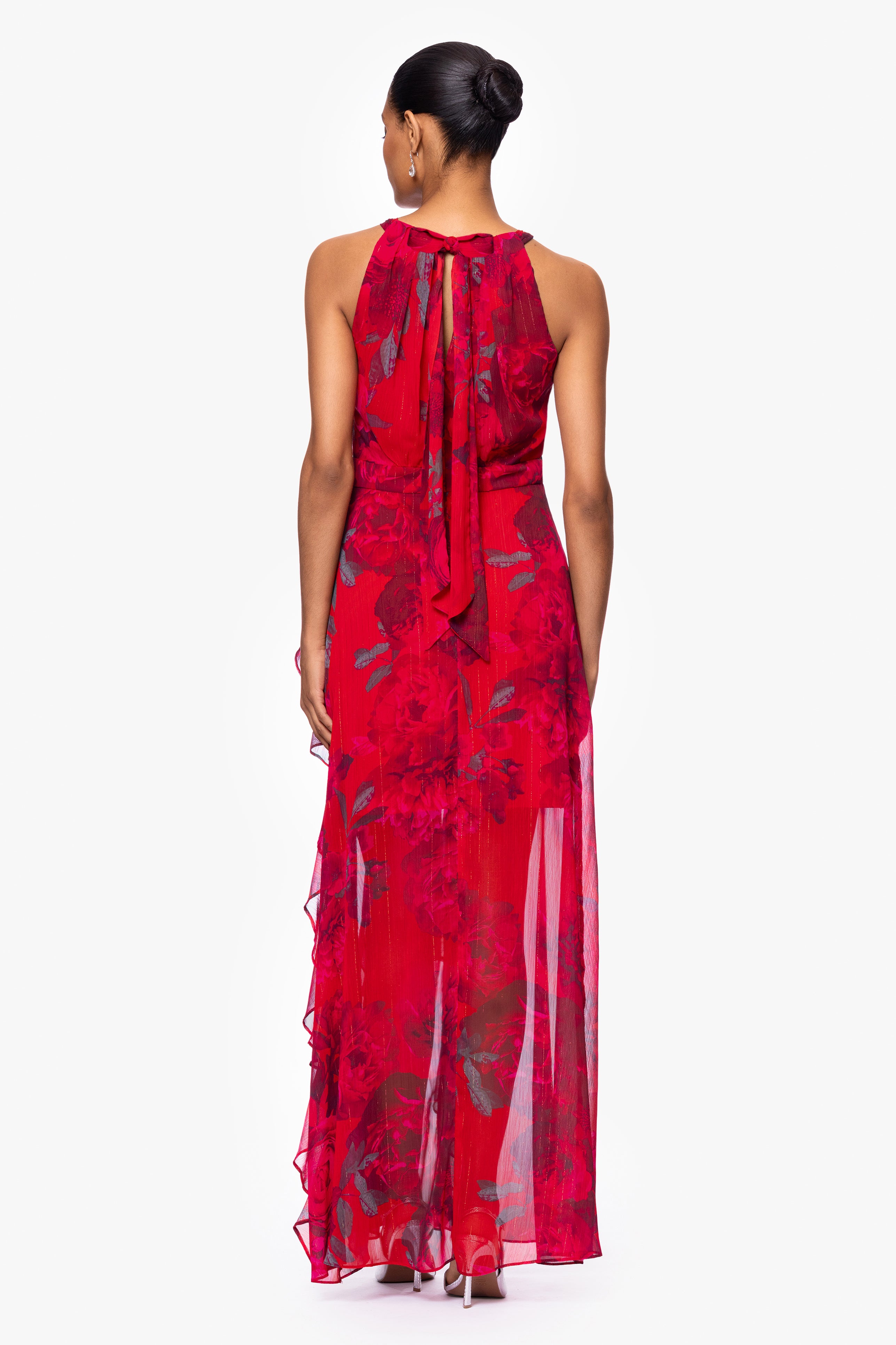 "Ginny" Chiffon Print Floor Length Ruffle Dress