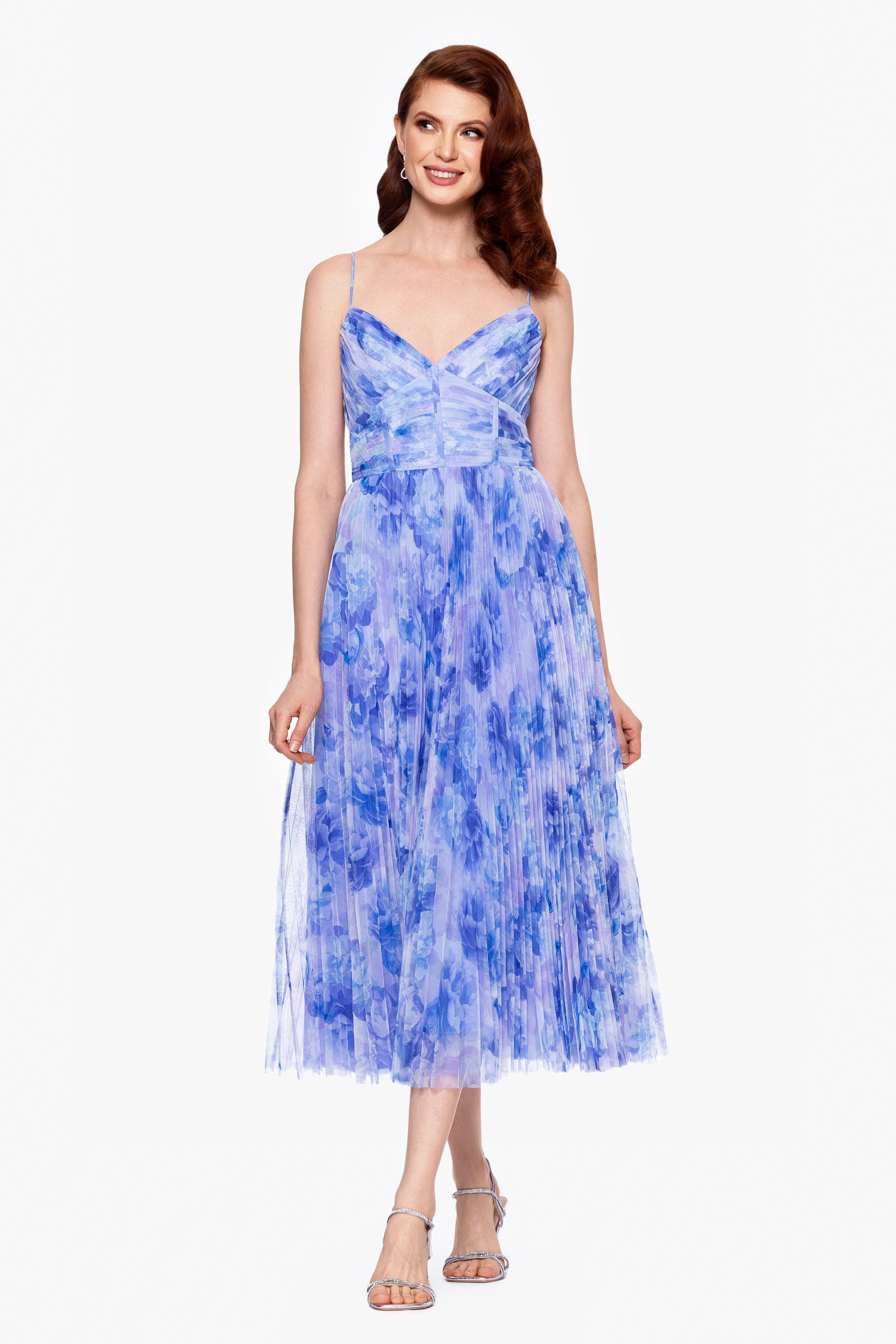 "Meadow" Tulle Print Pleated Midi Dress