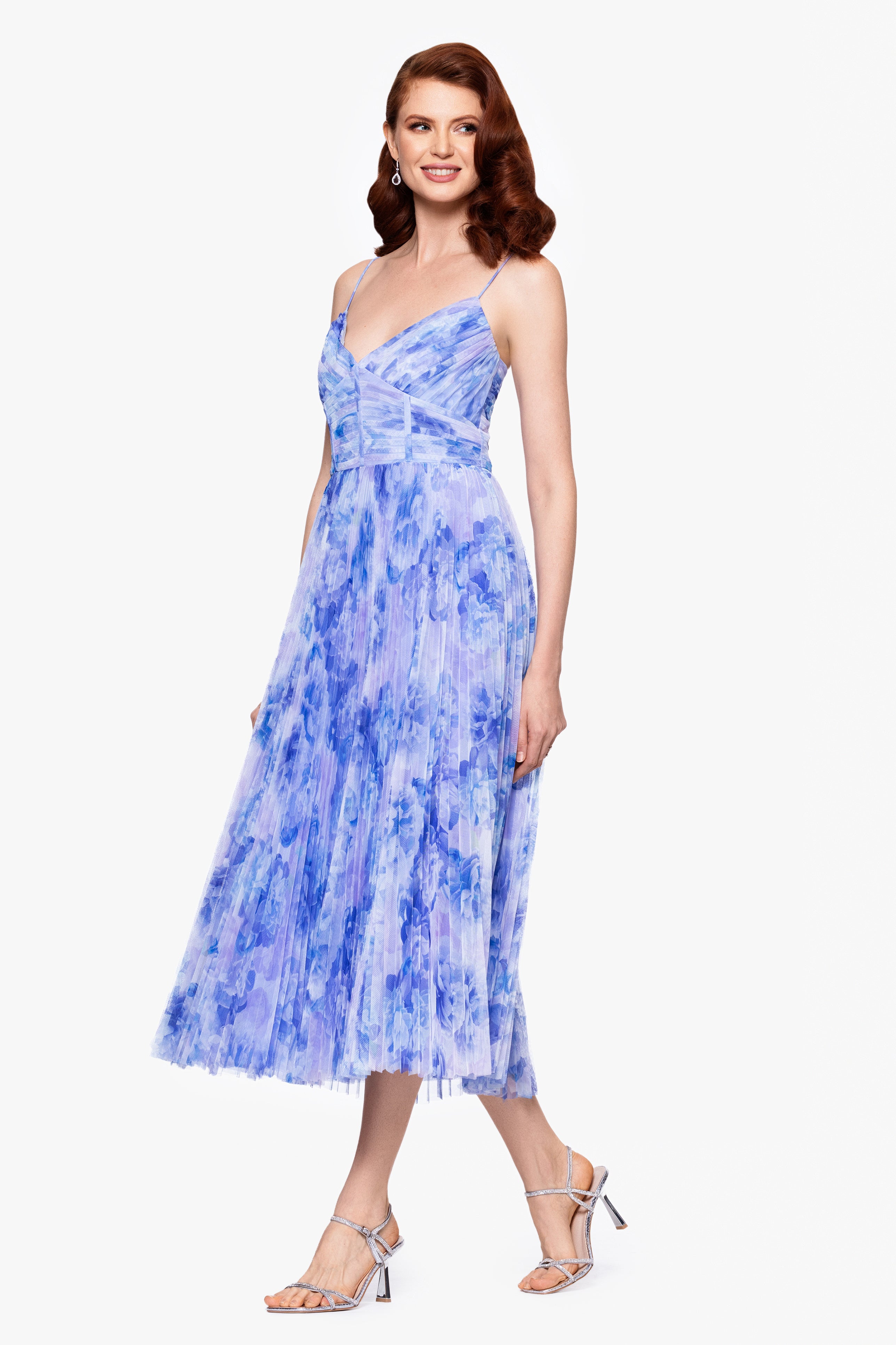 "Meadow" Tulle Print Pleated Midi Dress