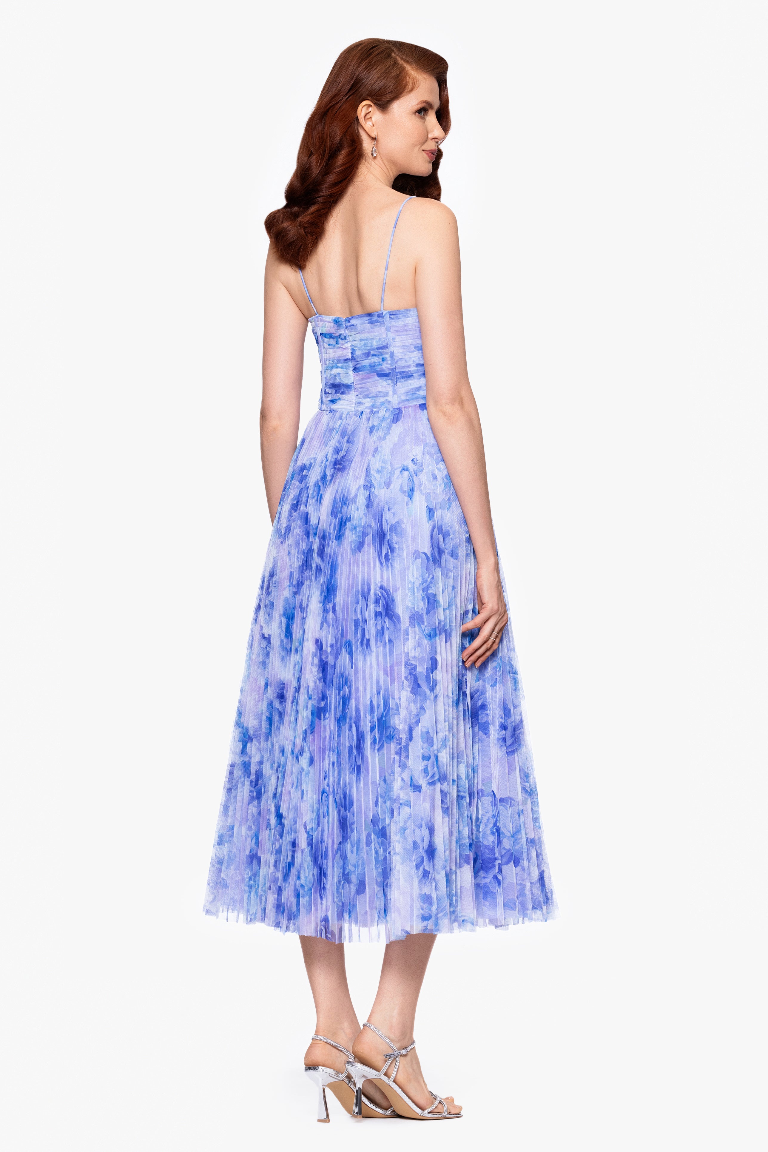 "Meadow" Tulle Print Pleated Midi Dress