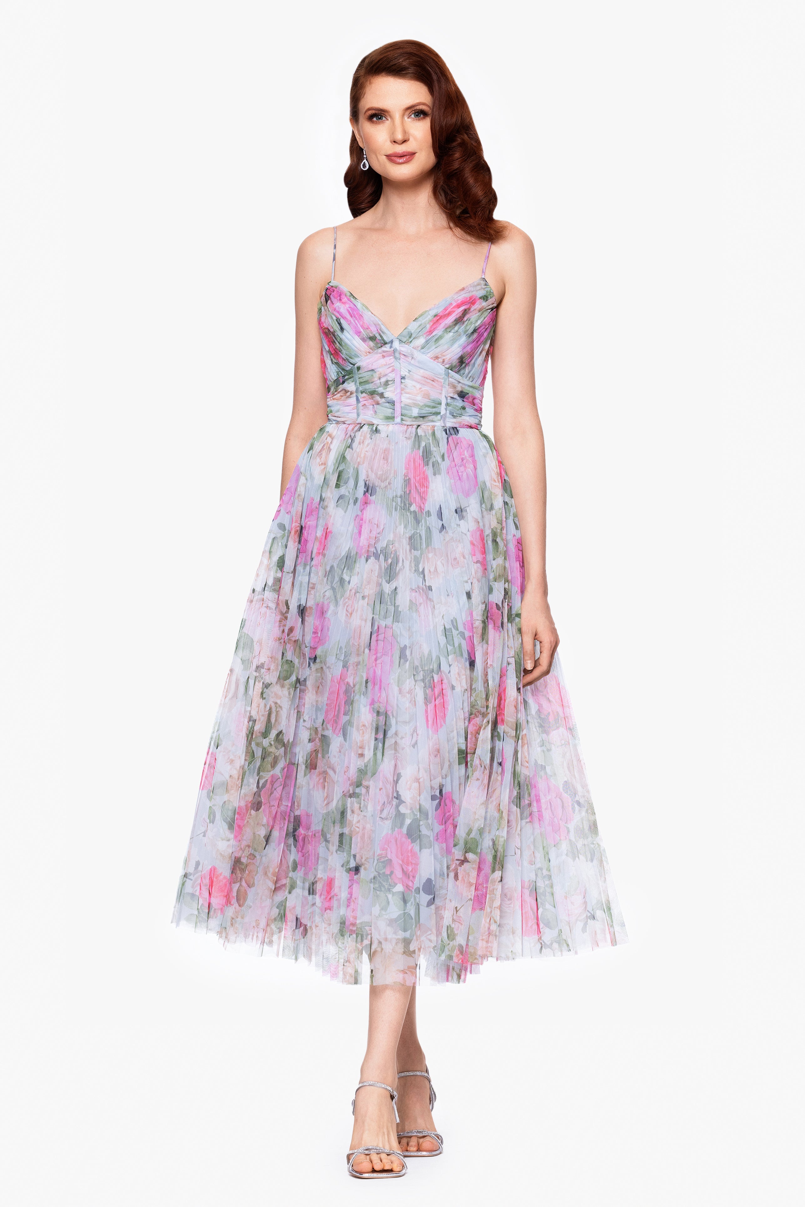 "Molly" Tulle Print Pleated Midi Dress