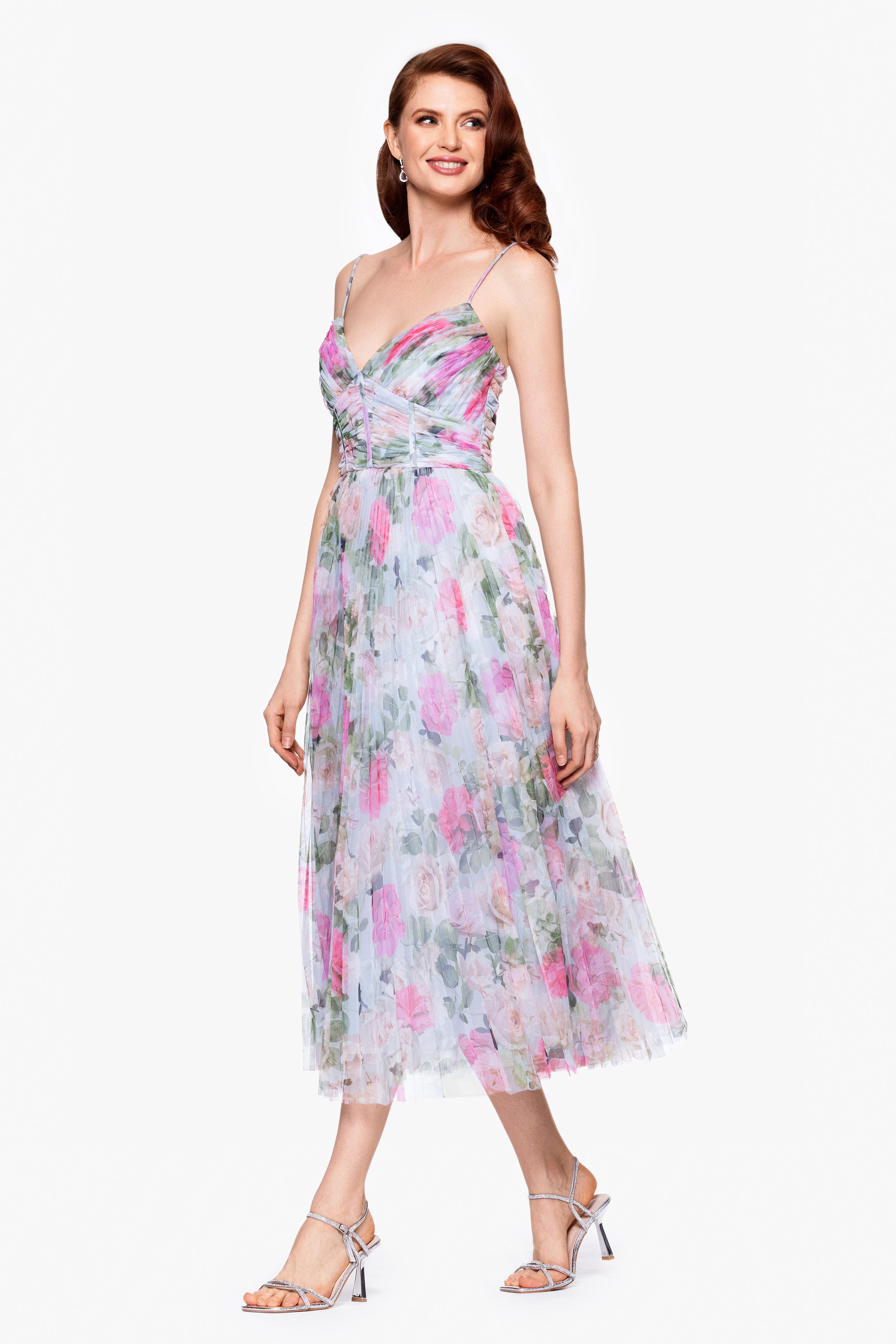 "Molly" Tulle Print Pleated Midi Dress