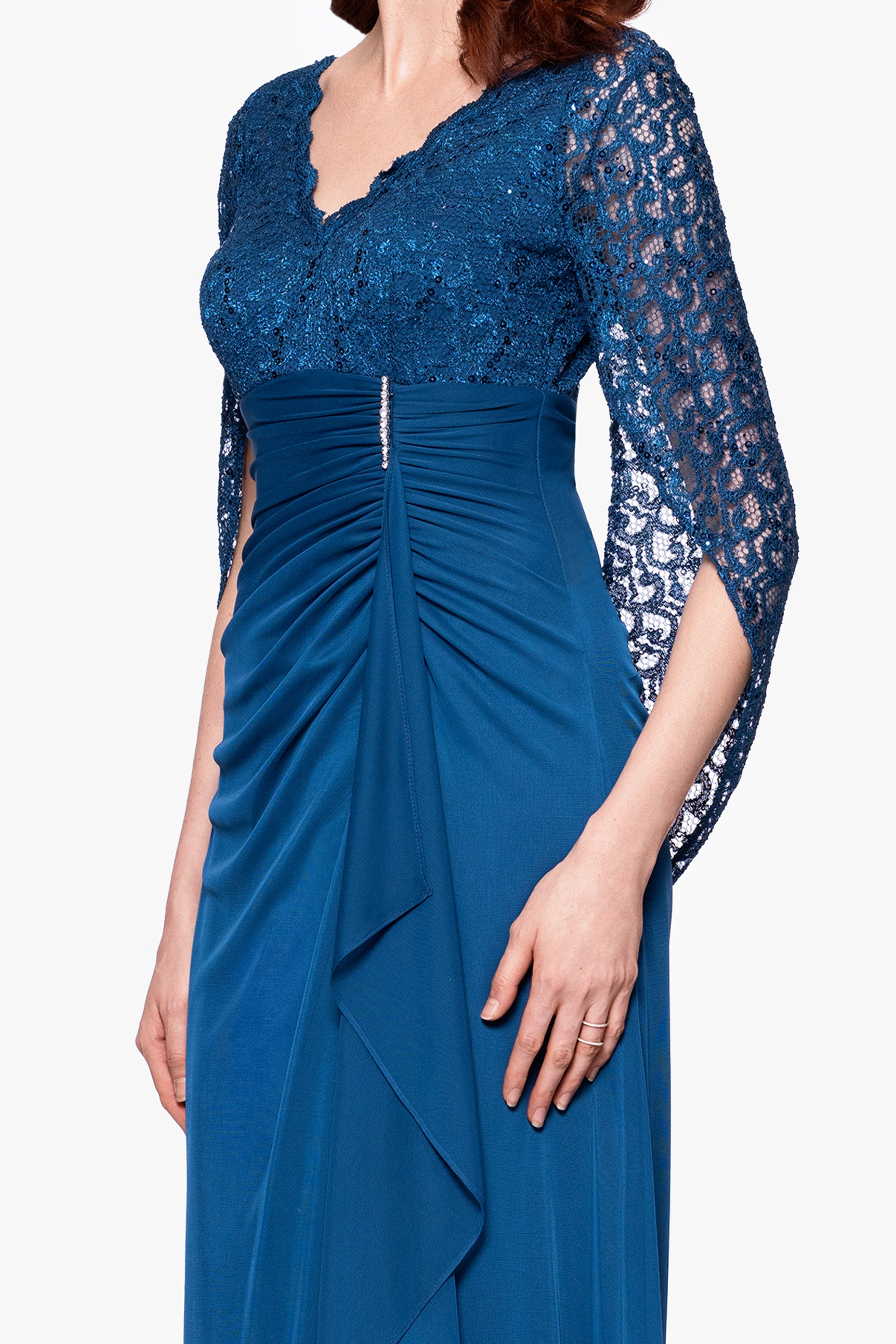 "Carmyn" Long Sheer Matte Jersey and Lace Cape Sleeve Floor Length Dress